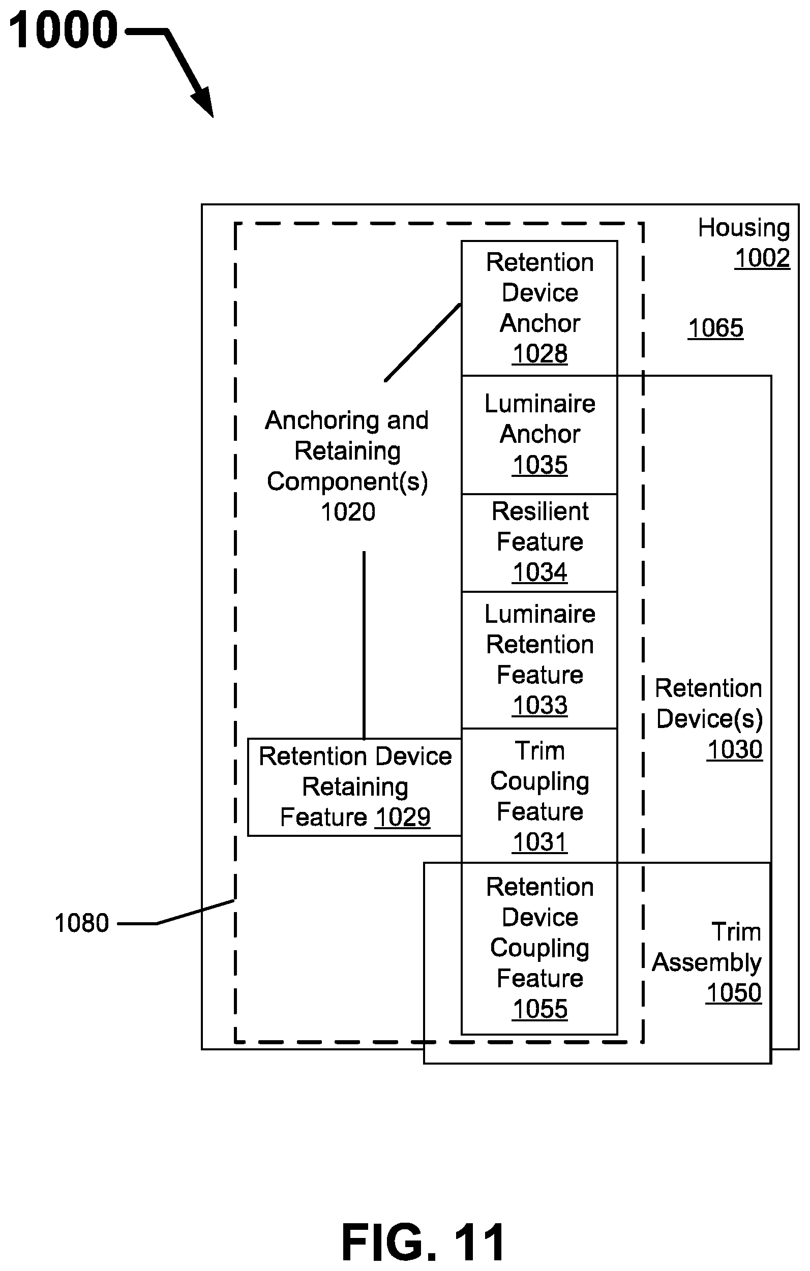 Patent US12504153 Figure 11 – Trim retention assemblies for recessed luminaires