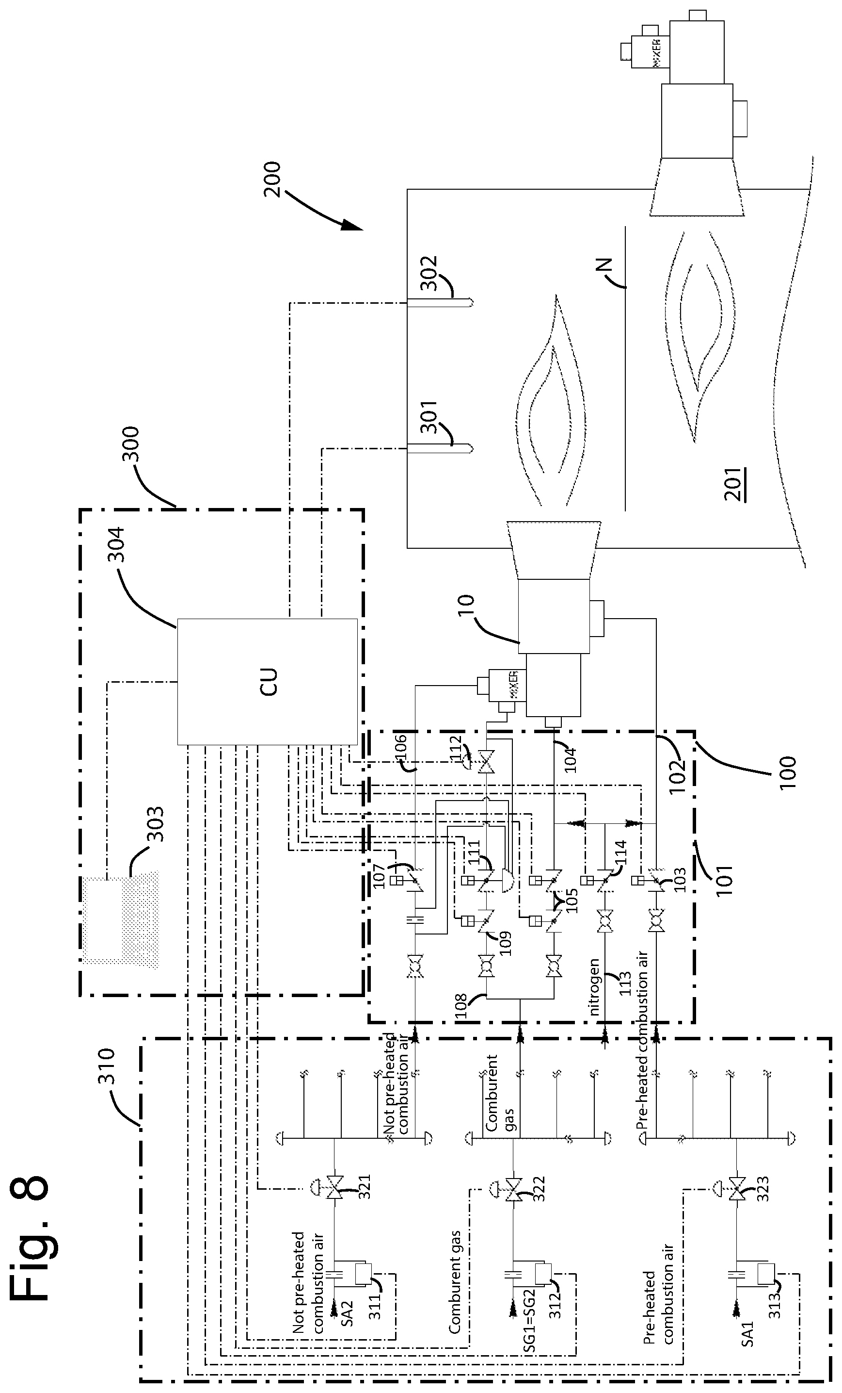 Patent US12504165 Figure 7 – Direct flame burner unit for furnaces for the thermo-chemical treatment of steel strips in continuous hot-dip galvanizing plants