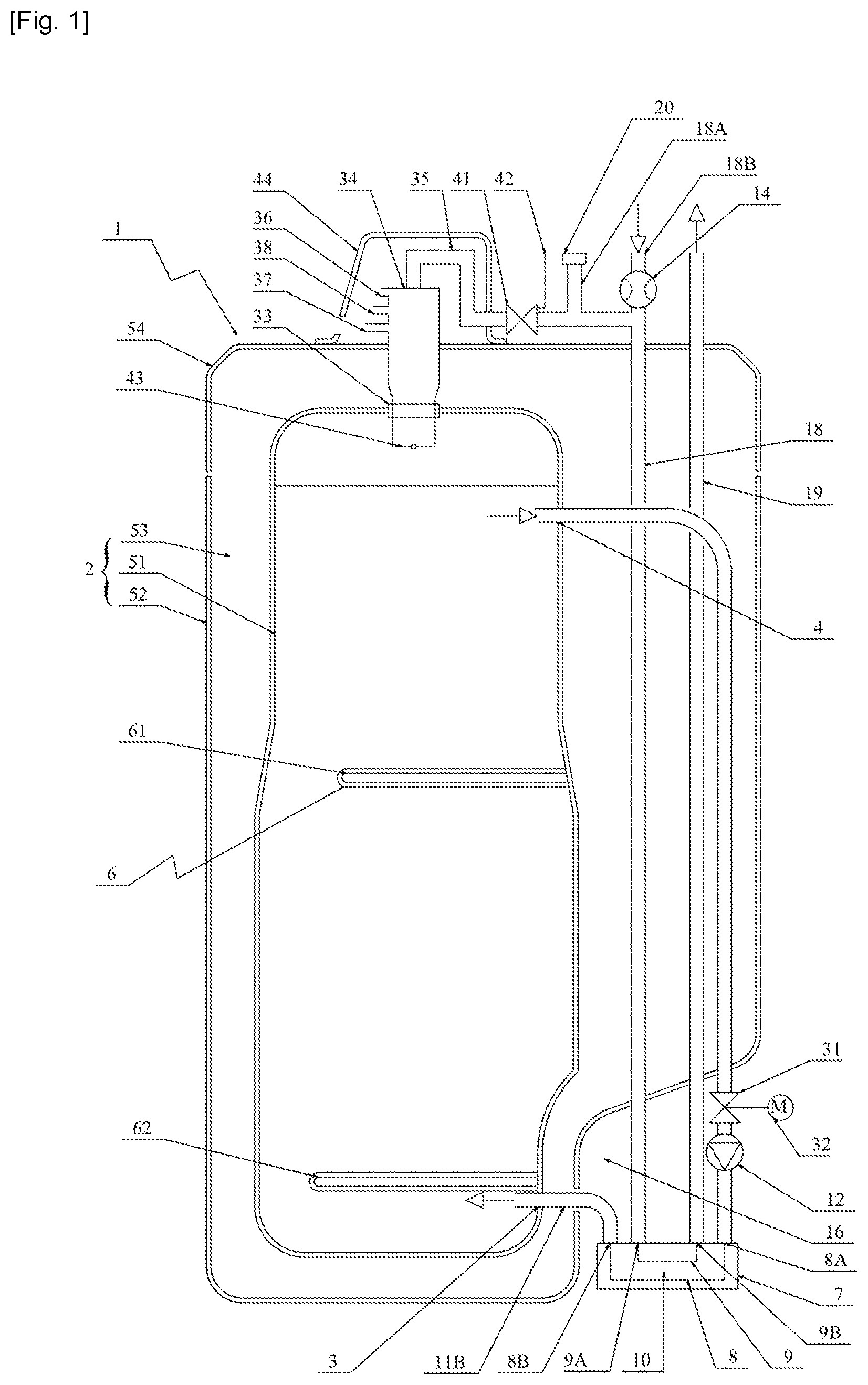 Patent US12504202 Figure 1 – Device for producing hot liquid
