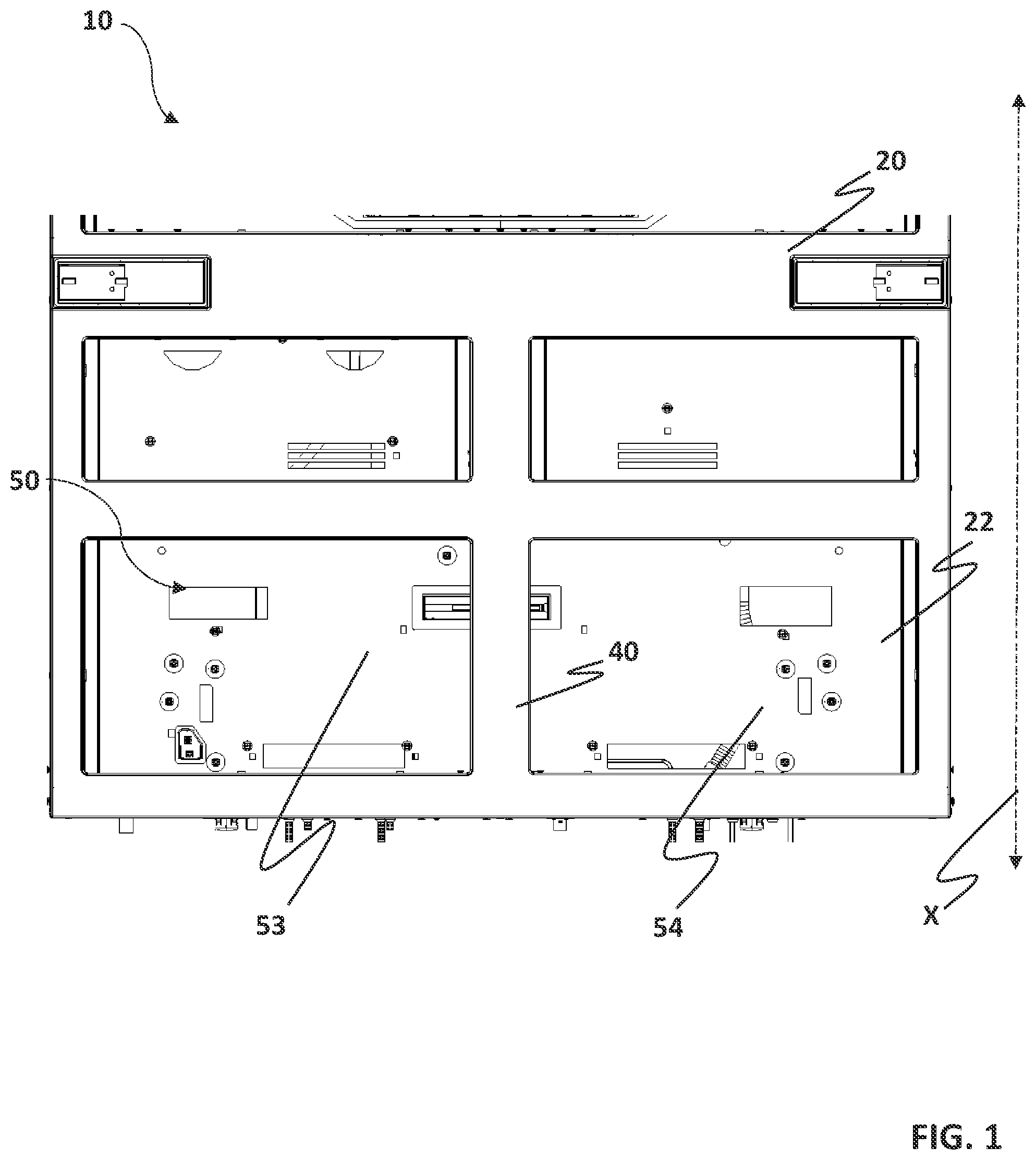 Patent US12504223 Figure 1 – Cooling device with a center pillar and a rail fixation assembly
