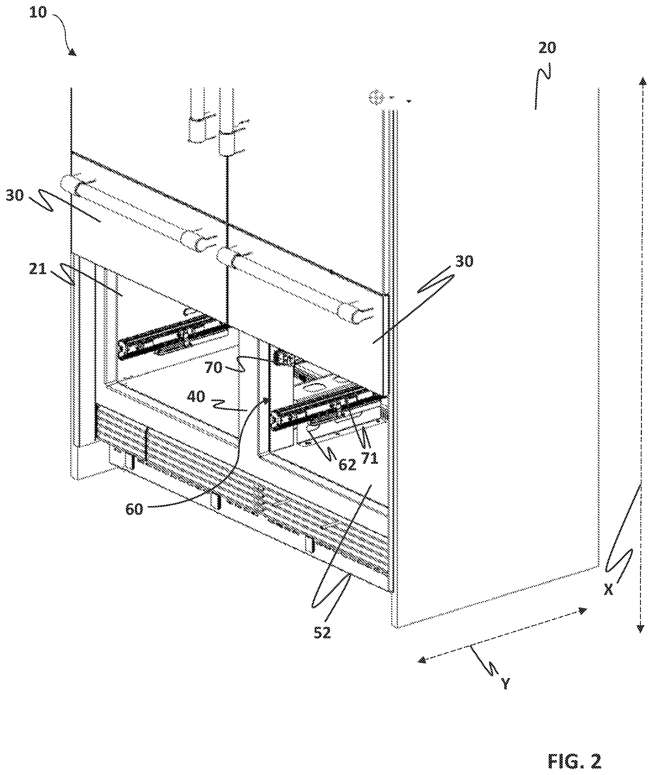Patent US12504223 Figure 2 – Cooling device with a center pillar and a rail fixation assembly