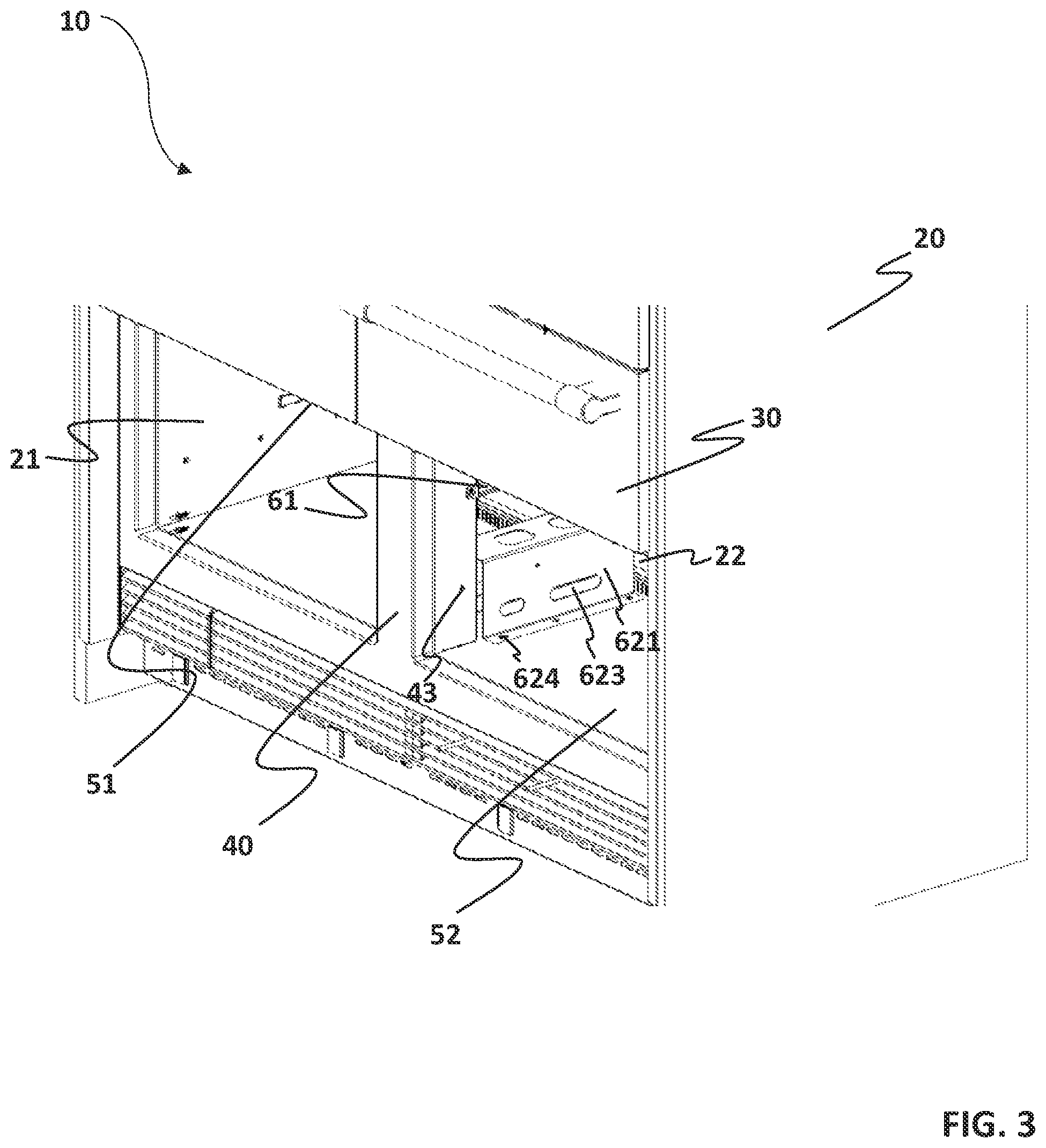 Patent US12504223 Figure 3 – Cooling device with a center pillar and a rail fixation assembly