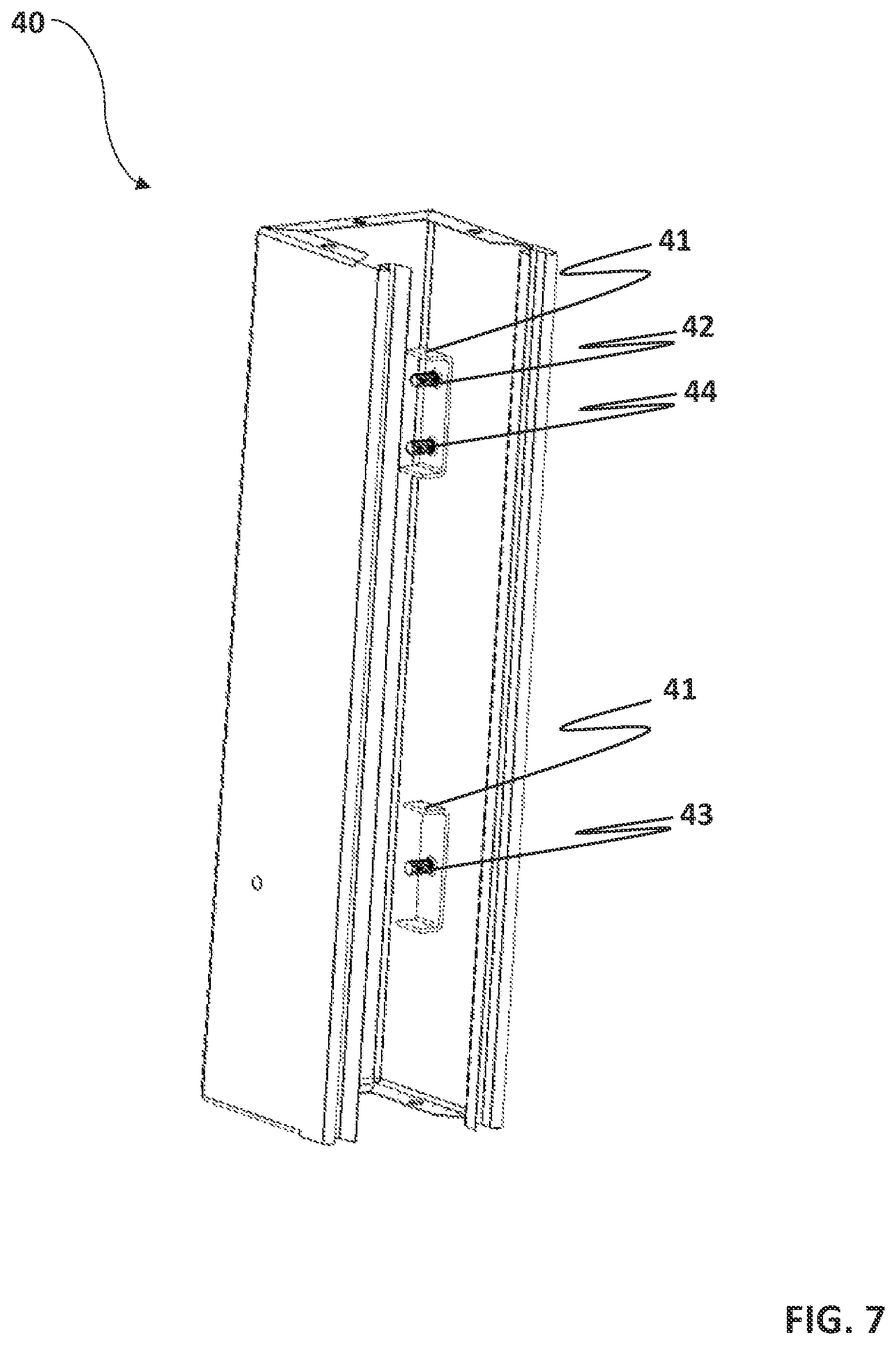 Patent US12504223 Figure 7 – Cooling device with a center pillar and a rail fixation assembly