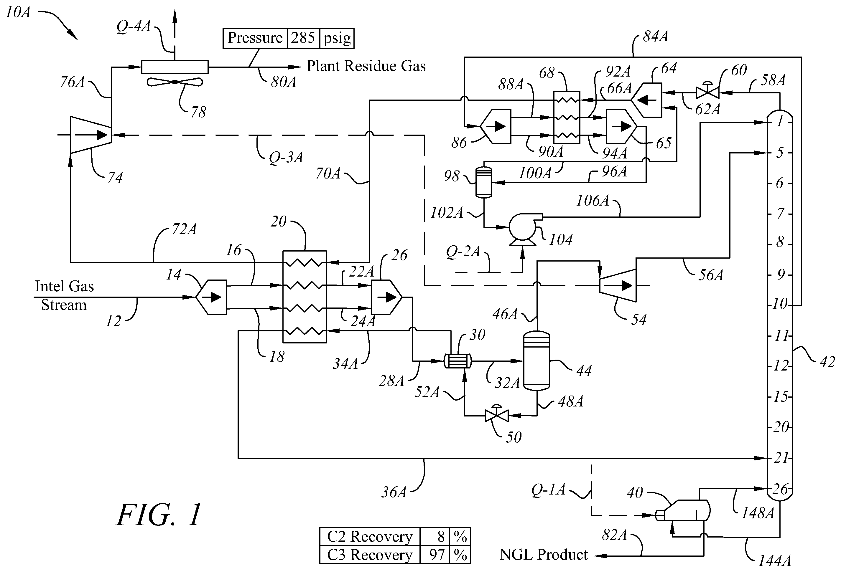 Patent US12504227 Figure 1 – System and method for natural gas liquid production with flexible ethane recovery or rejection