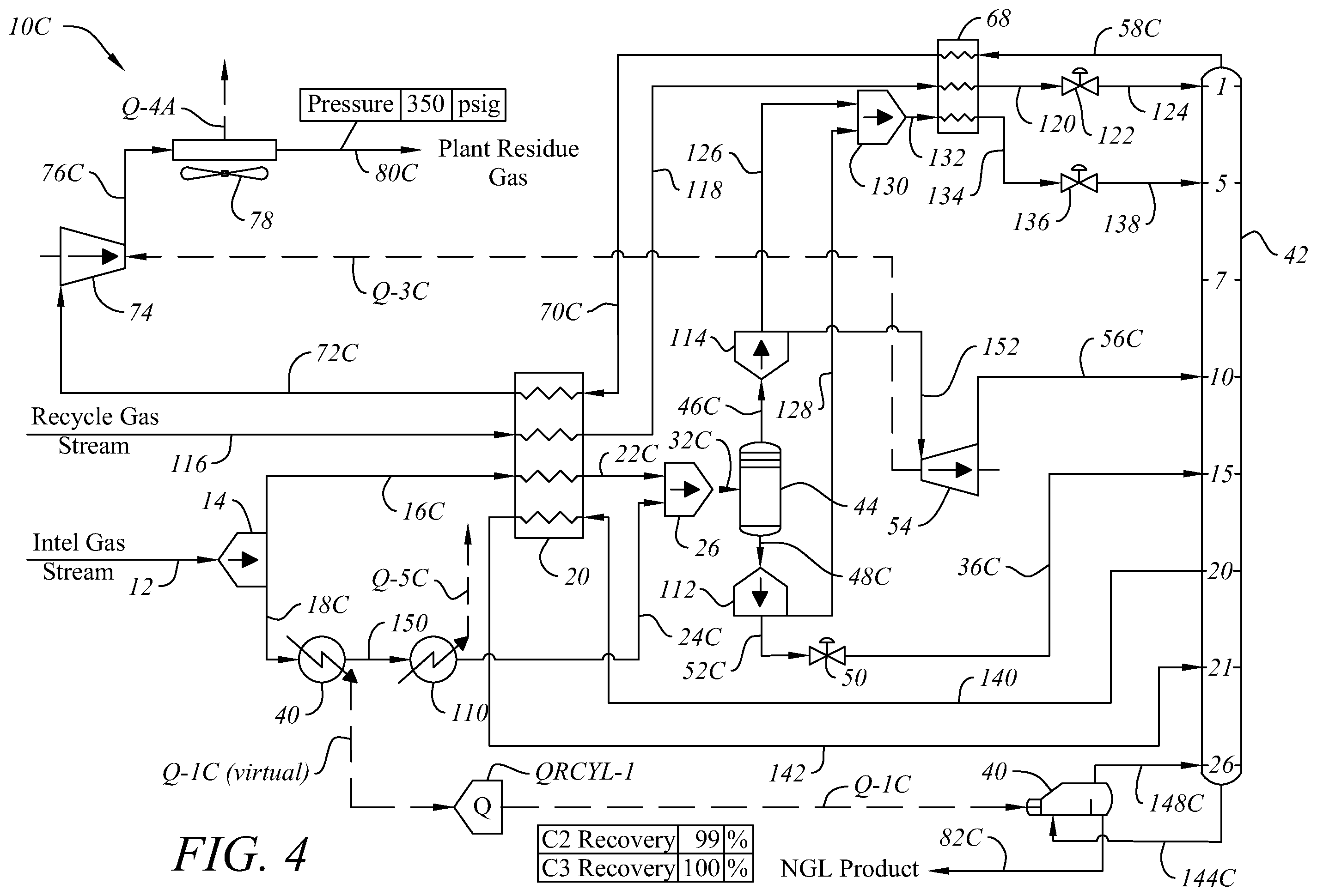 Patent US12504227 Figure 4 – System and method for natural gas liquid production with flexible ethane recovery or rejection