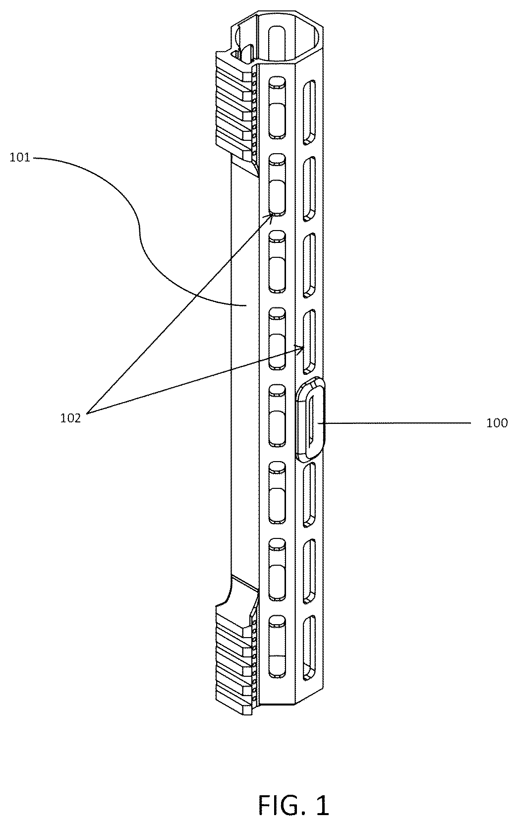 Patent US12504248 Figure 1 – Insulating quick interfacing firearm handguard accessory with elongated aperture
