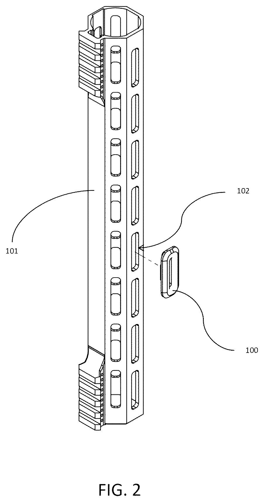 Patent US12504248 Figure 2 – Insulating quick interfacing firearm handguard accessory with elongated aperture