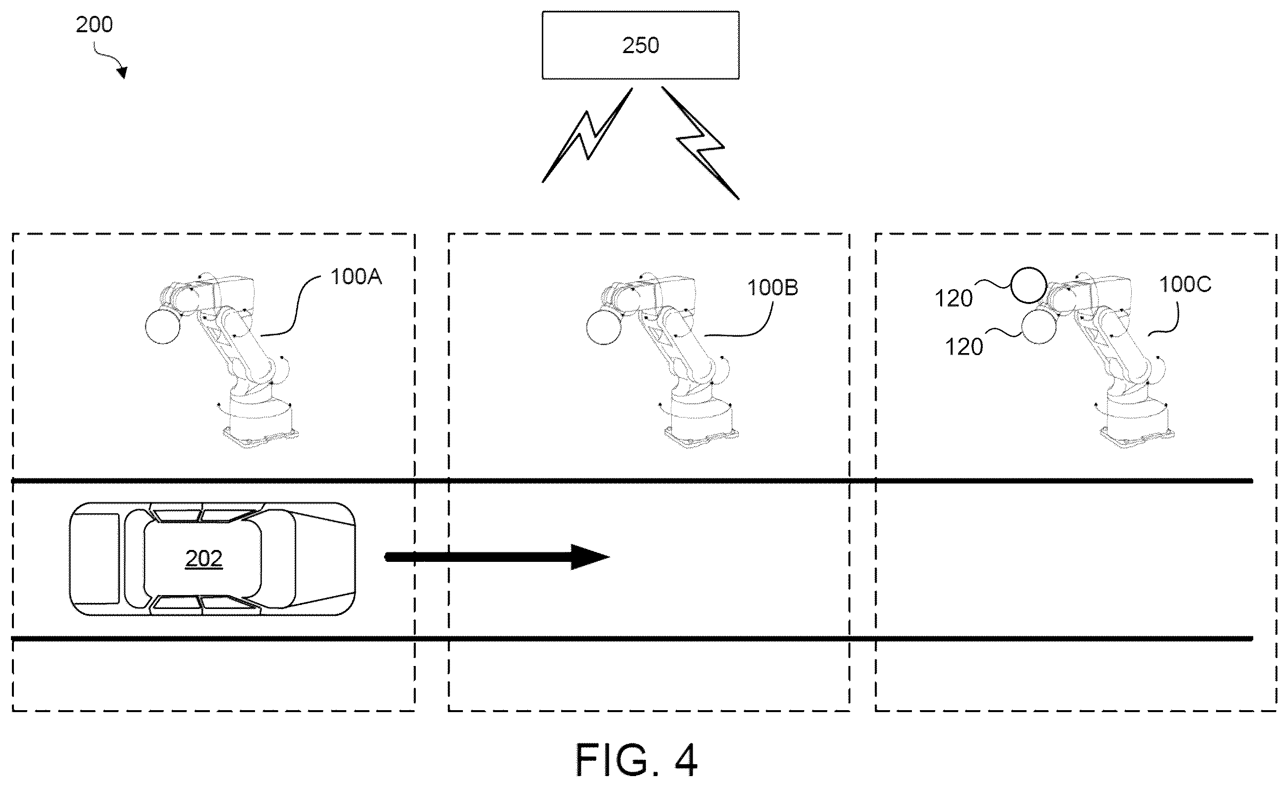 Patent US12504351 Figure 4 – Multi-function robotic arm with modular hub for automated inspection and maintenance of autonomous vehicles