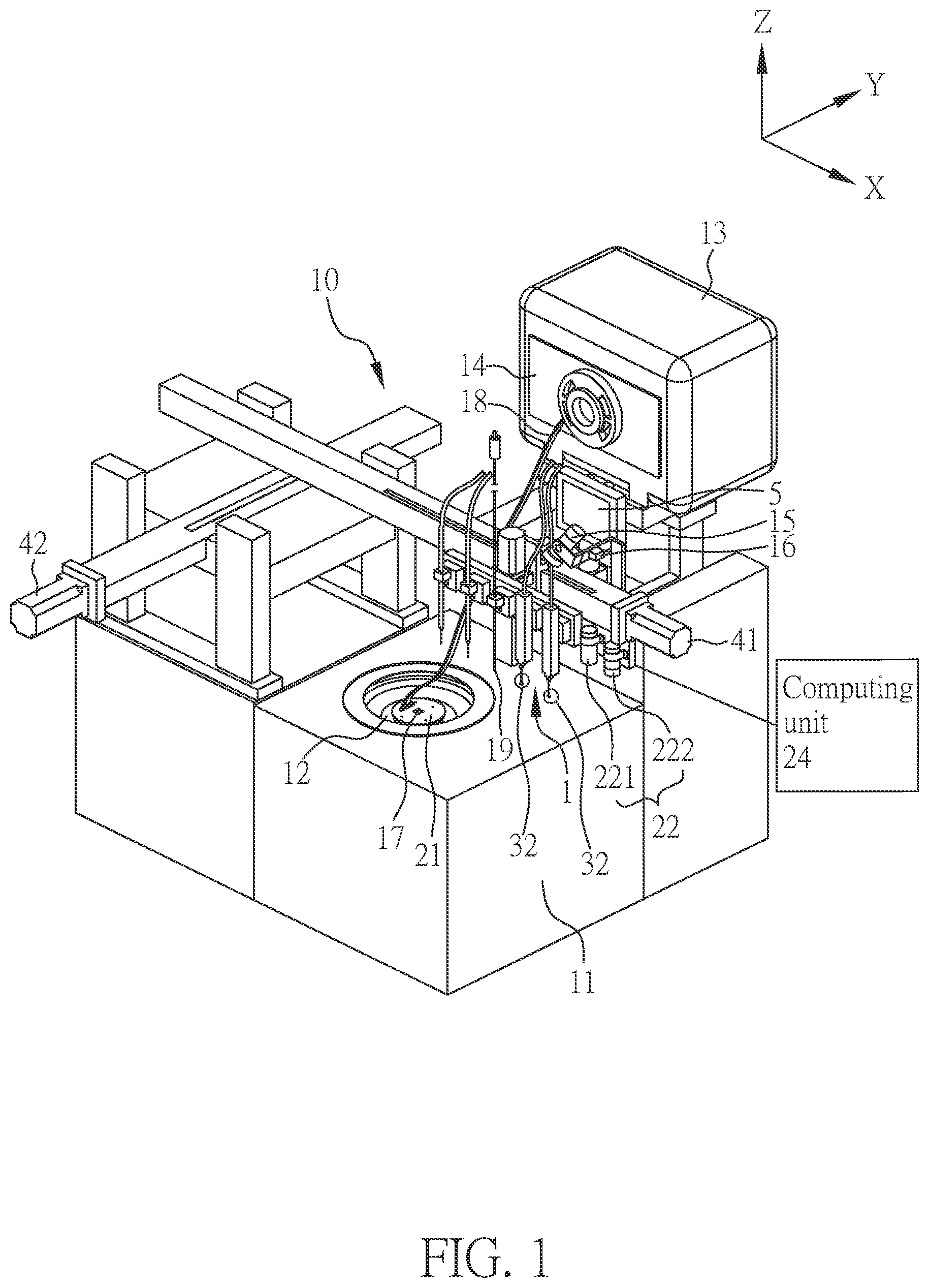 Patent US12504412 Figure 1 – Titration module, test apparatus and method for measuring titration contact angles