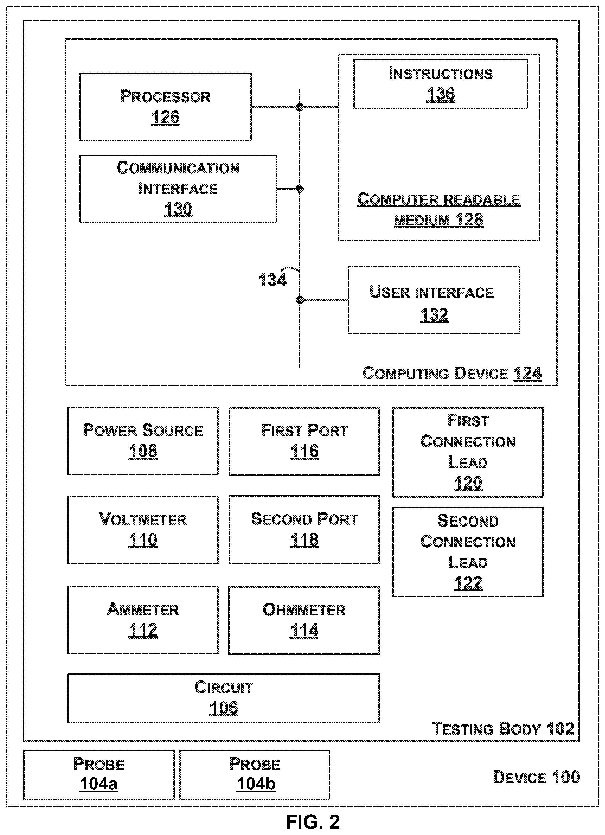 Patent US12504442 Figure 2 – Electrical testing device with probe having portions with different cross-sectional areas