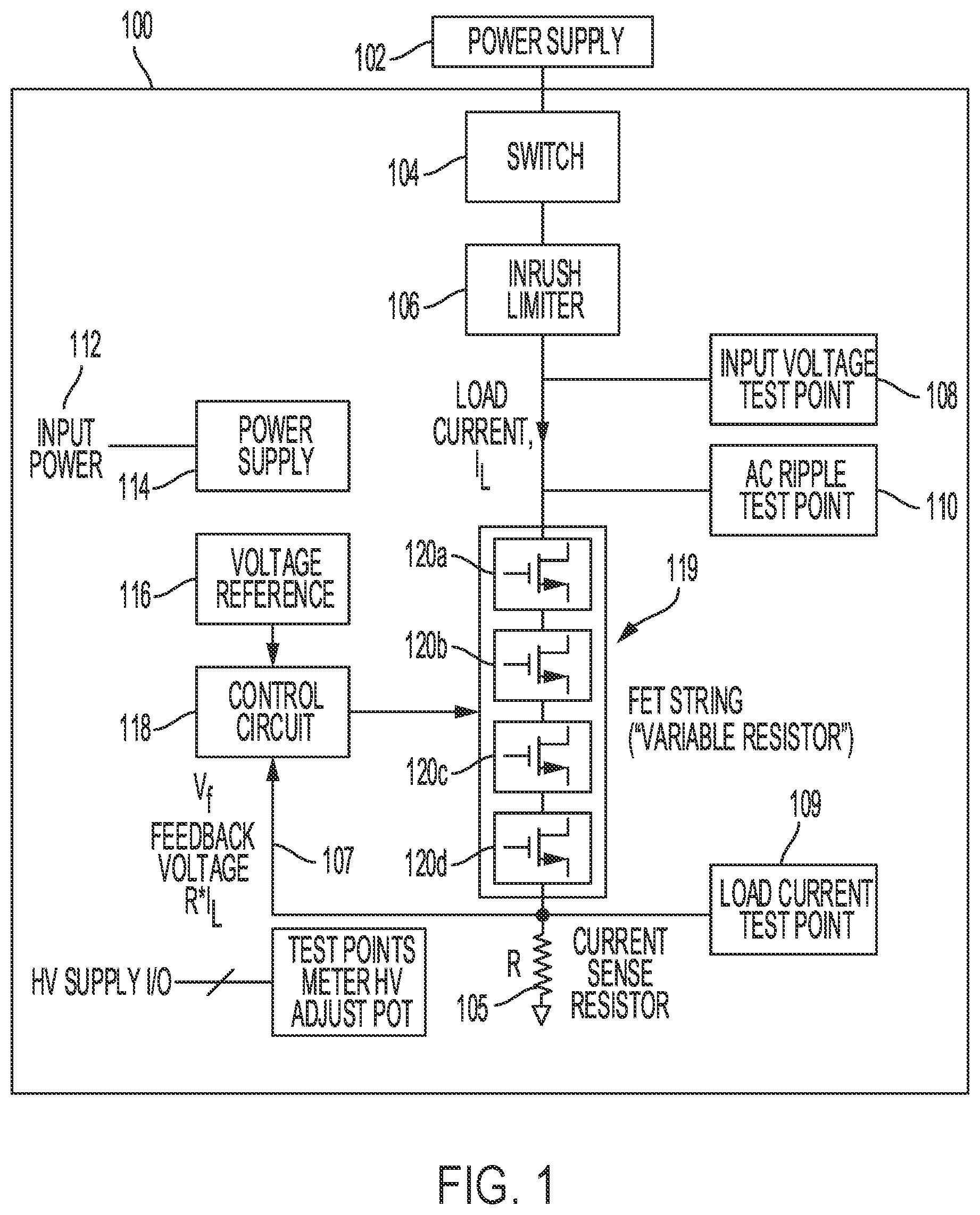 Patent US12504469 — Continuously variable electronic load tester for use with nuclear instrumentation system high voltage power supplies — Figure 1