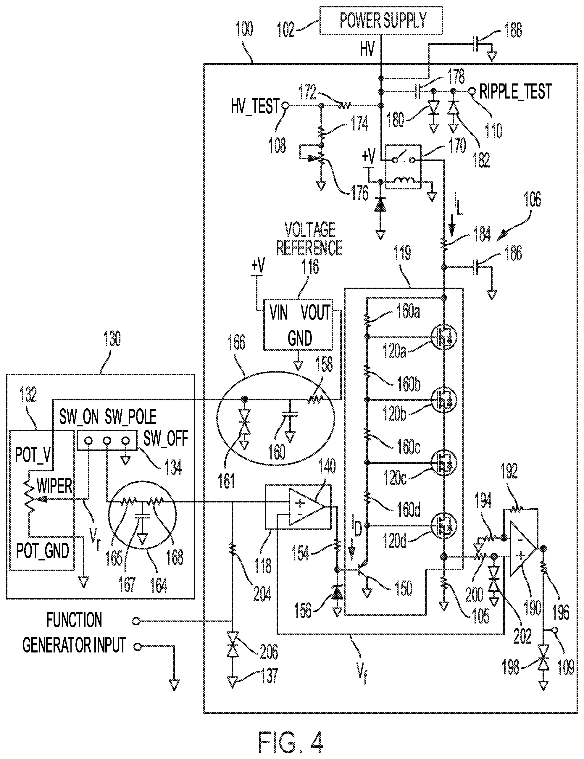 Patent US12504469 Figure 4 – Continuously variable electronic load tester for use with nuclear instrumentation system high voltage power supplies