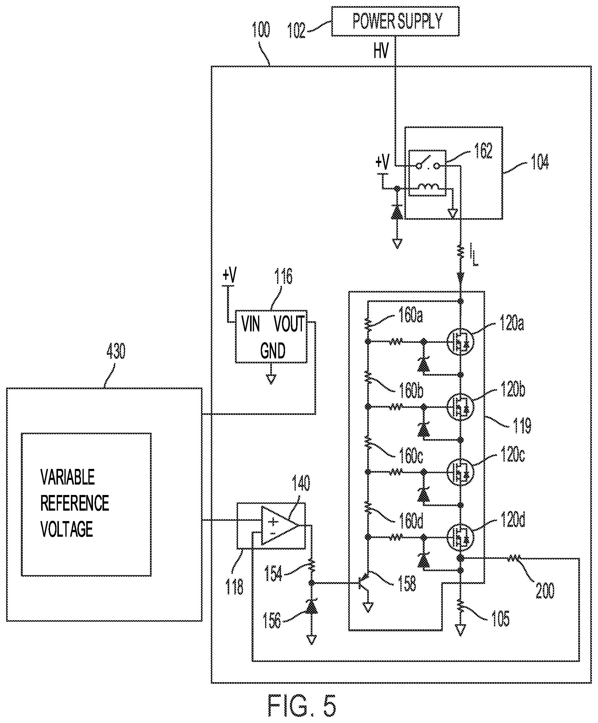 Patent US12504469 Figure 5 – Continuously variable electronic load tester for use with nuclear instrumentation system high voltage power supplies
