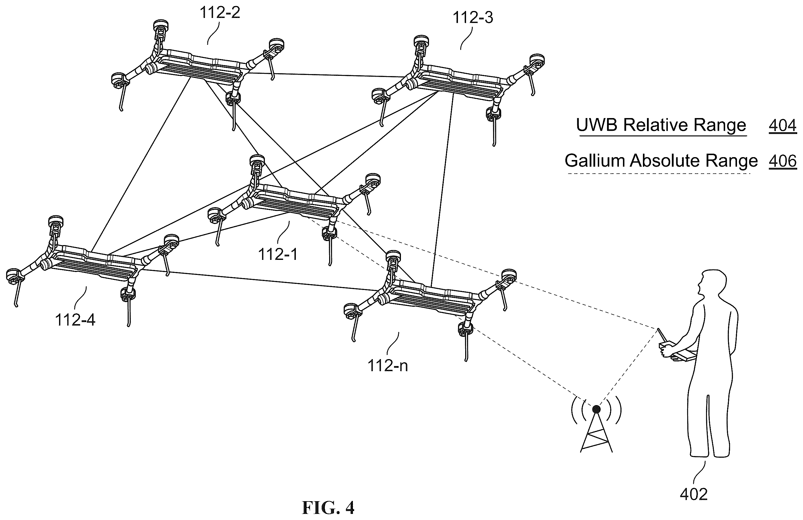 Patent US12504531 Figure 4 – System and method for dynamic two-way ranging using unmanned aerial vehicles