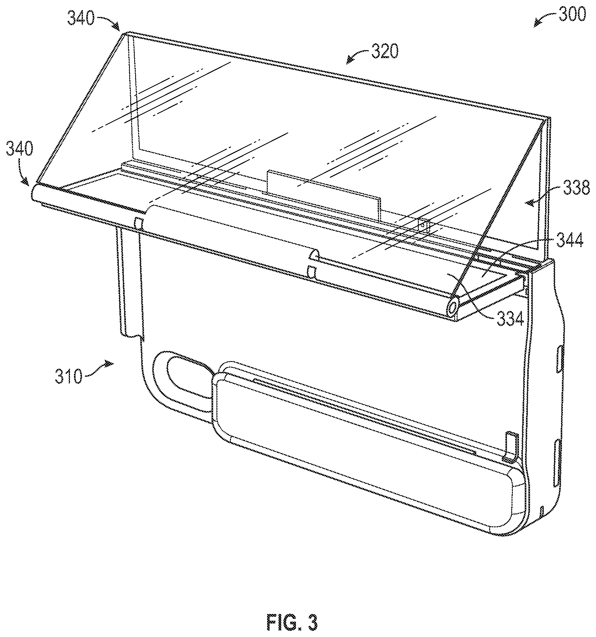 Patent US12504573 Figure 3 – External power bank and collapsible holographic projection accessory for portable electronic device