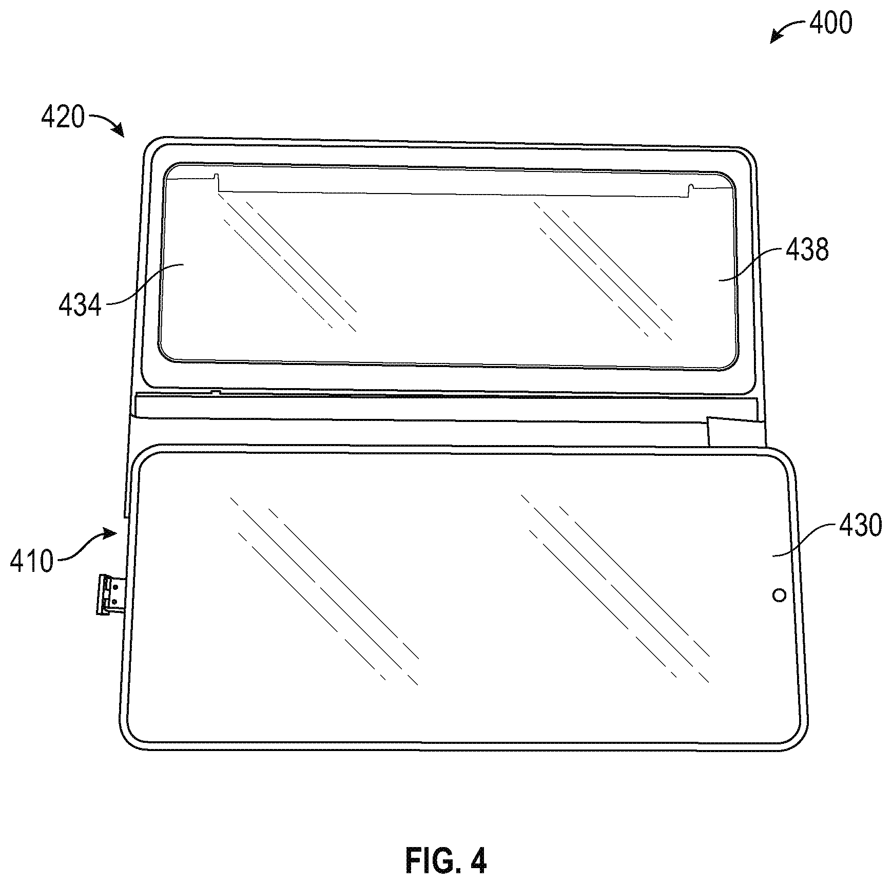 Patent US12504573 Figure 4 – External power bank and collapsible holographic projection accessory for portable electronic device