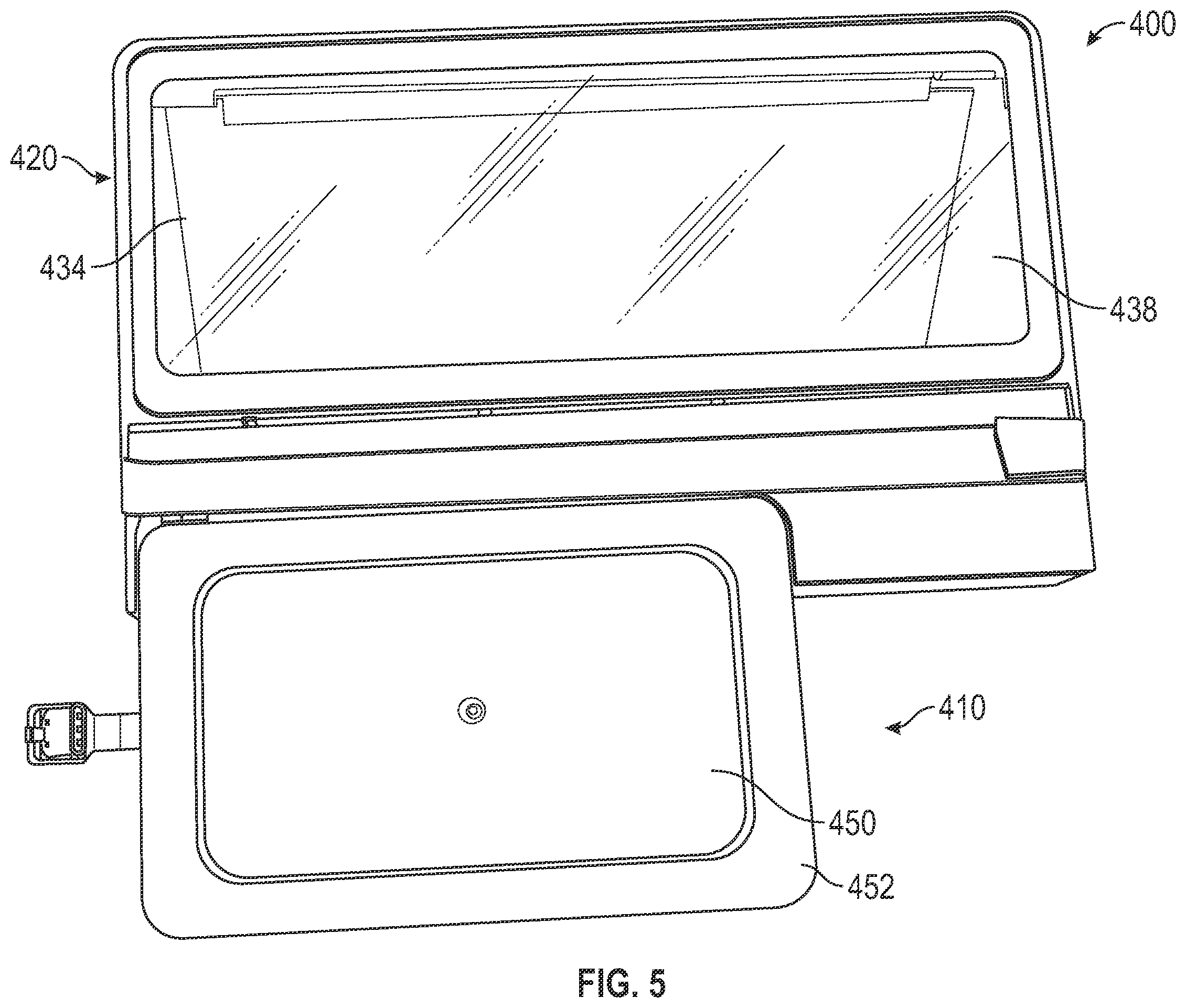 Patent US12504573 Figure 5 – External power bank and collapsible holographic projection accessory for portable electronic device