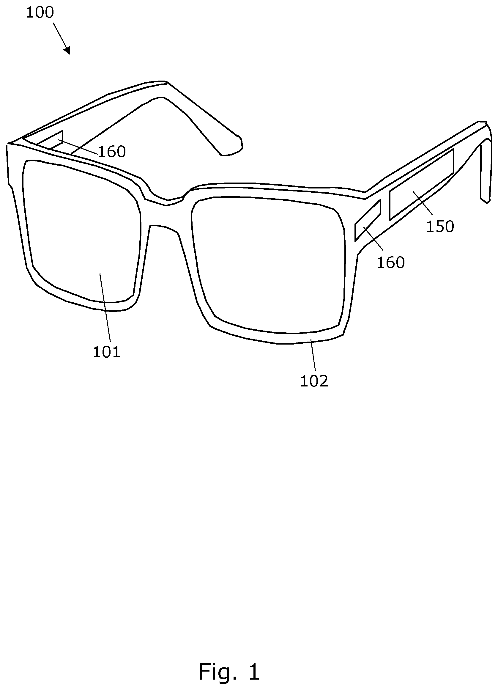 Patent US12504649 Figure 1 – Spectacles with sandwiched polymer structure