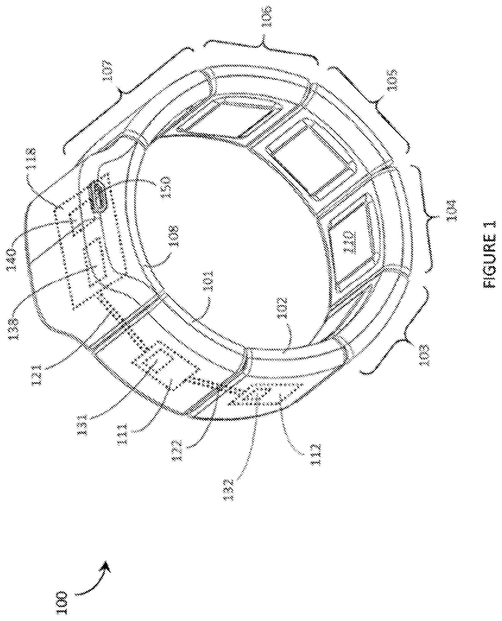 Patent US12504816 Figure 1 – Wearable devices and associated band structures for sensing neuromuscular signals using sensor pairs in respective pods with communicative pathways to a common processor