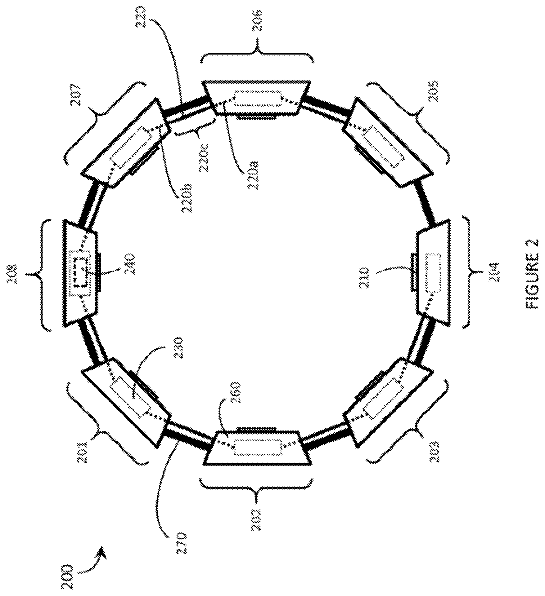 Patent US12504816 Figure 2 – Wearable devices and associated band structures for sensing neuromuscular signals using sensor pairs in respective pods with communicative pathways to a common processor