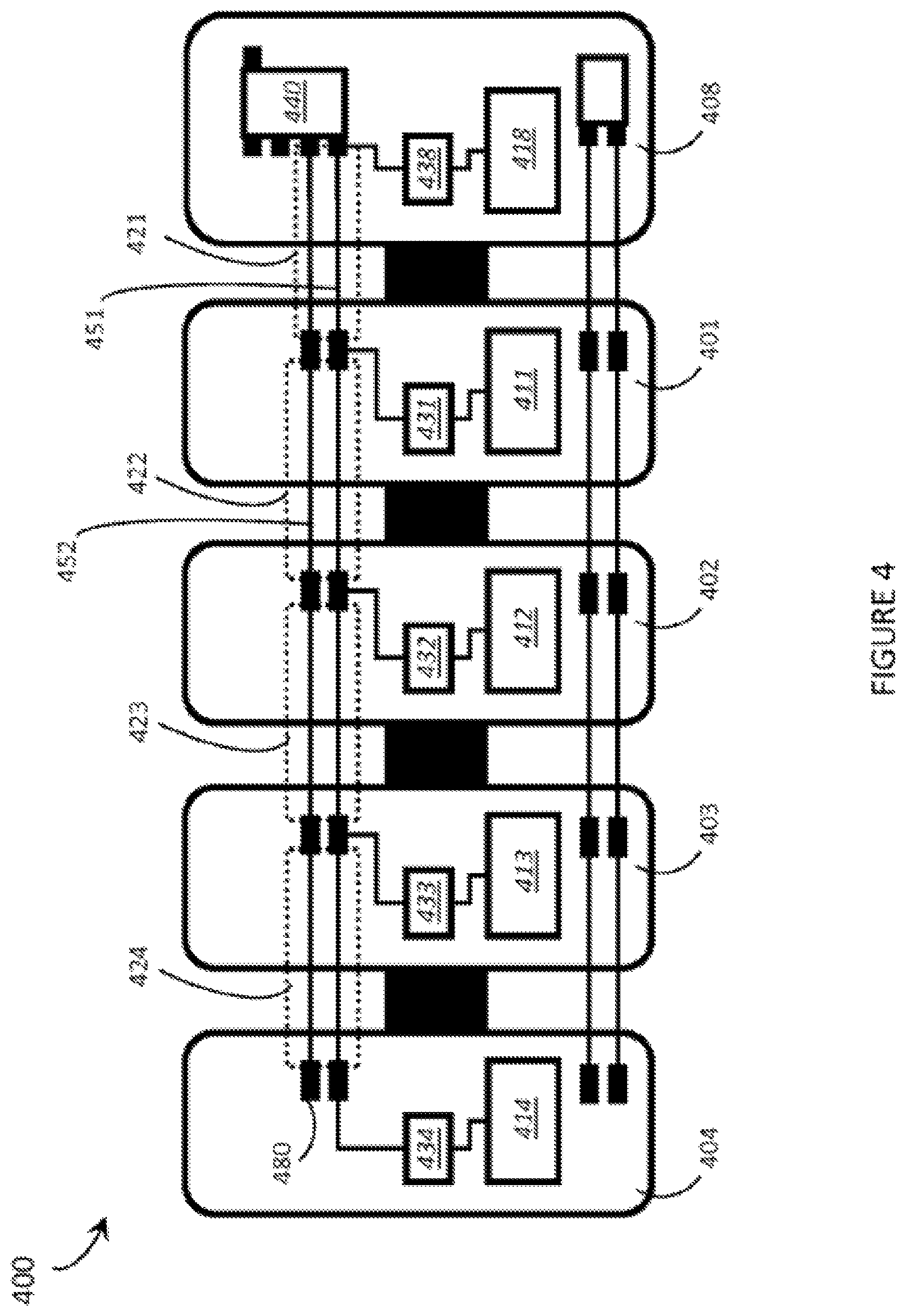 Patent US12504816 Figure 4 – Wearable devices and associated band structures for sensing neuromuscular signals using sensor pairs in respective pods with communicative pathways to a common processor