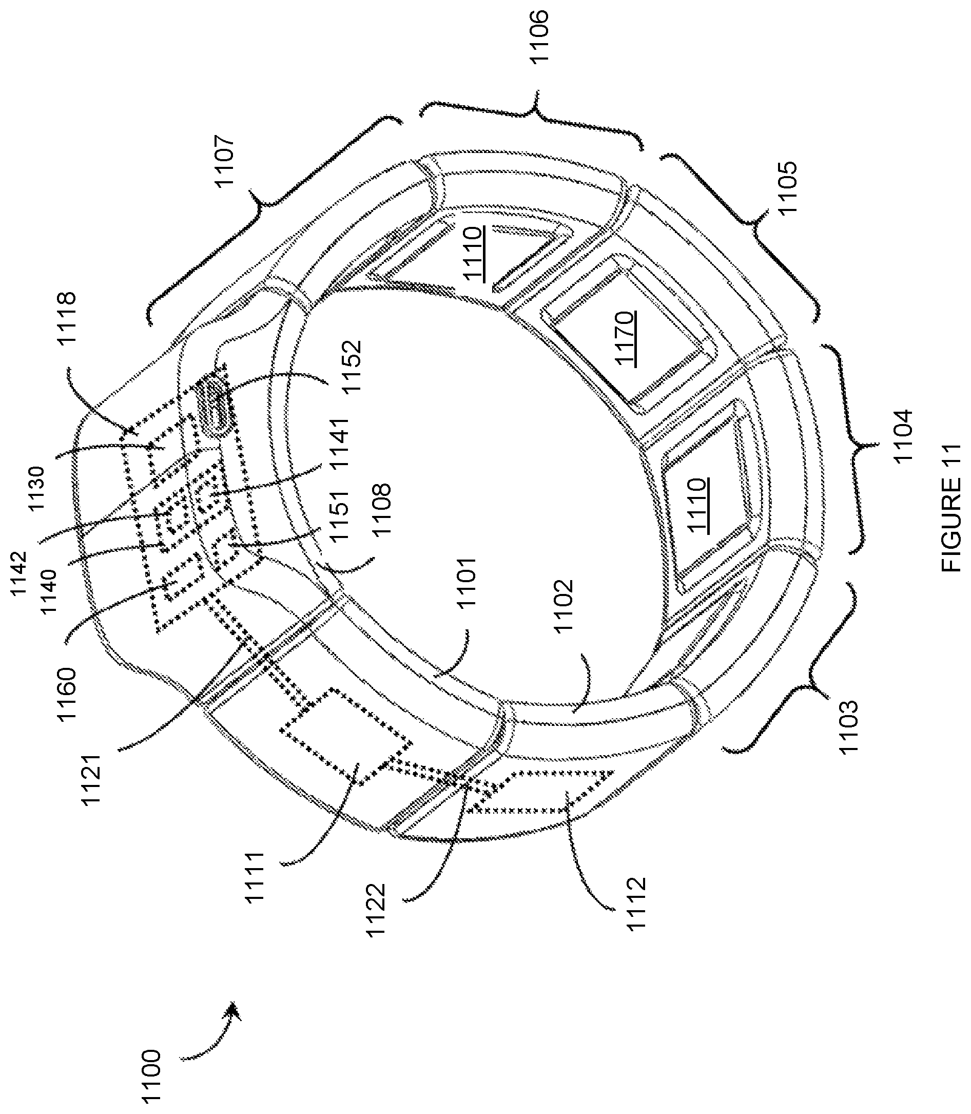 Patent US12504816 Figure 11 – Wearable devices and associated band structures for sensing neuromuscular signals using sensor pairs in respective pods with communicative pathways to a common processor