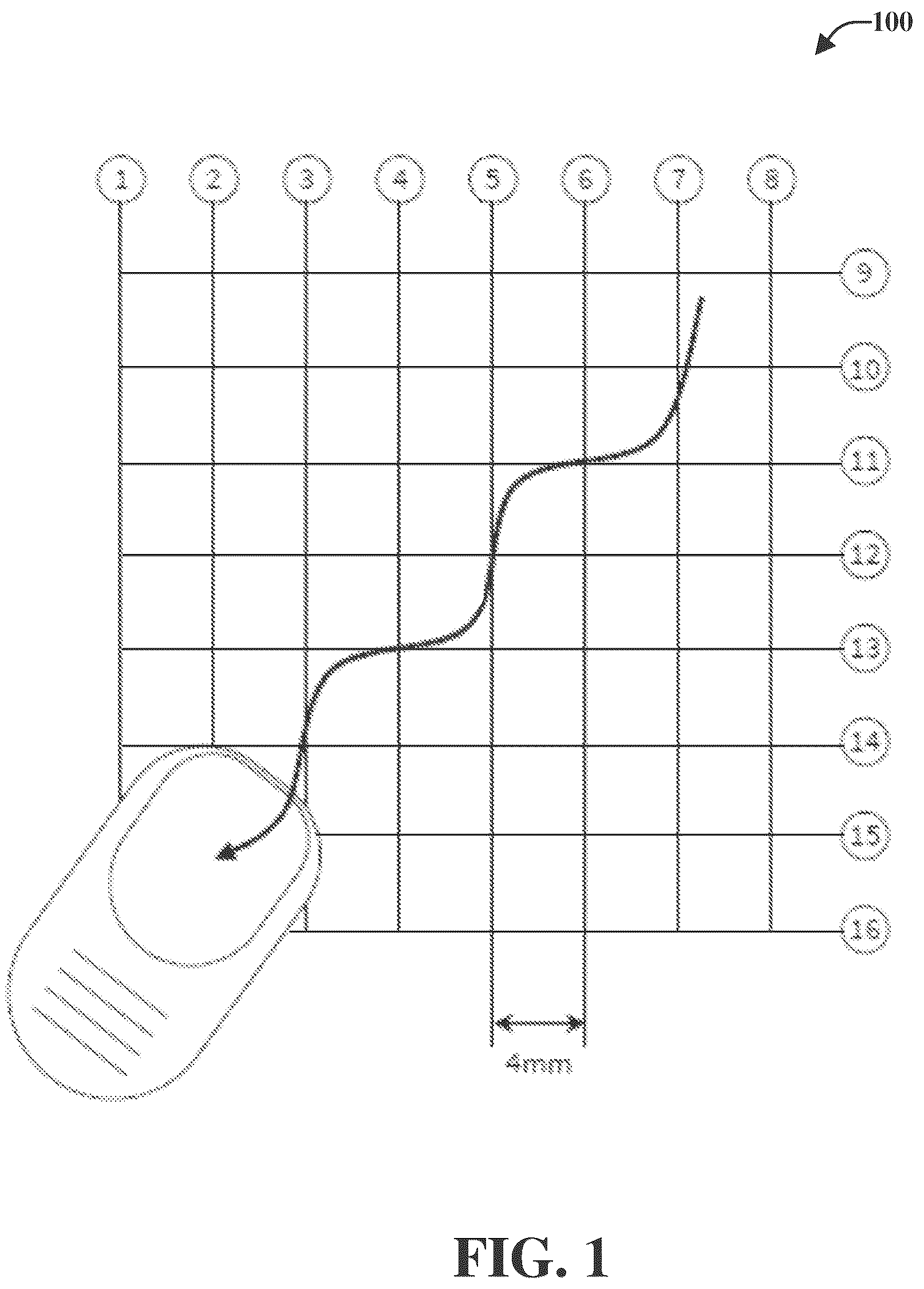 Patent US12504855 Figure 1 – Interpolation electrode patterning for capacitive-grid touch sensor