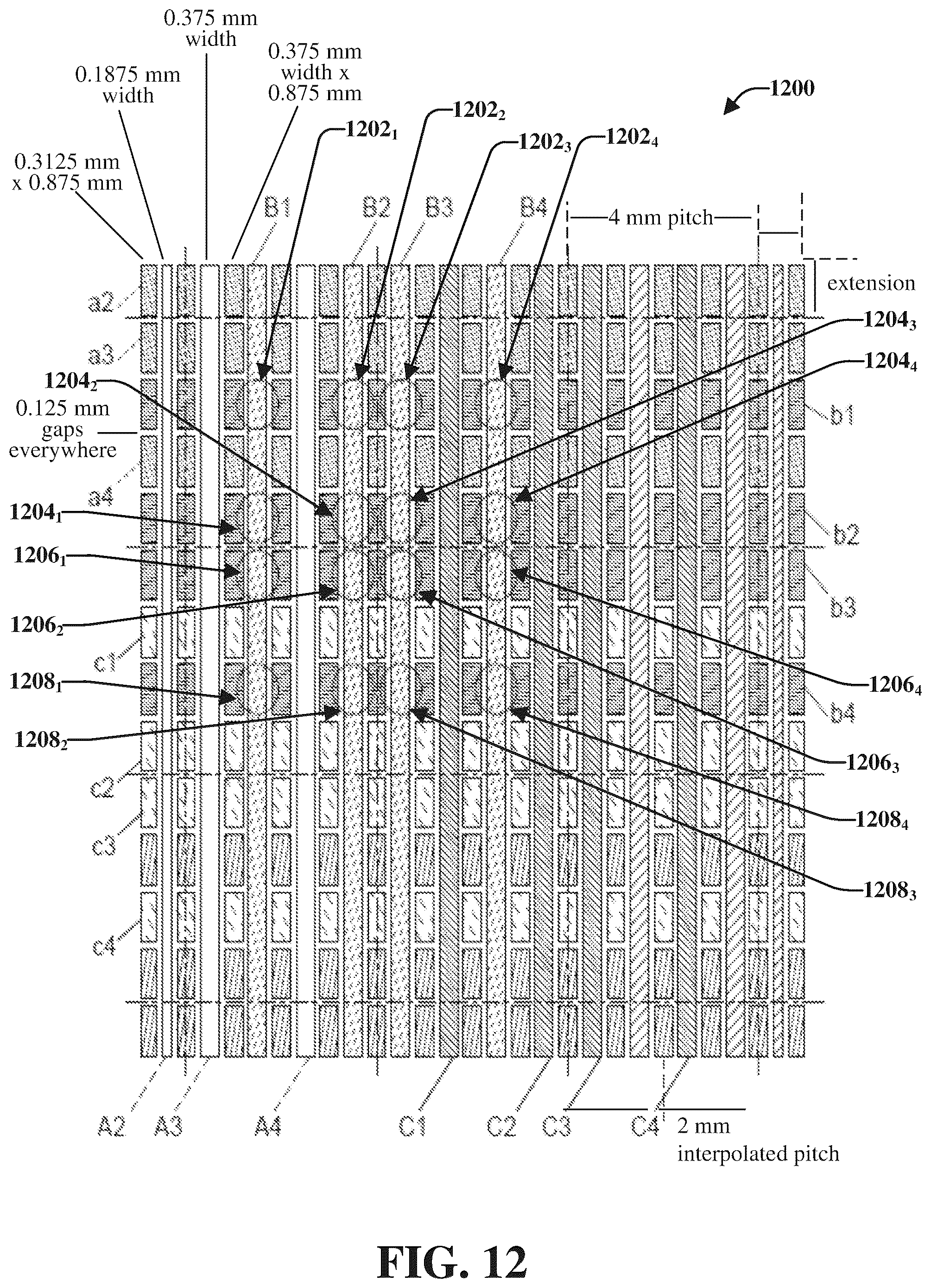 Patent US12504855 Figure 12 – Interpolation electrode patterning for capacitive-grid touch sensor
