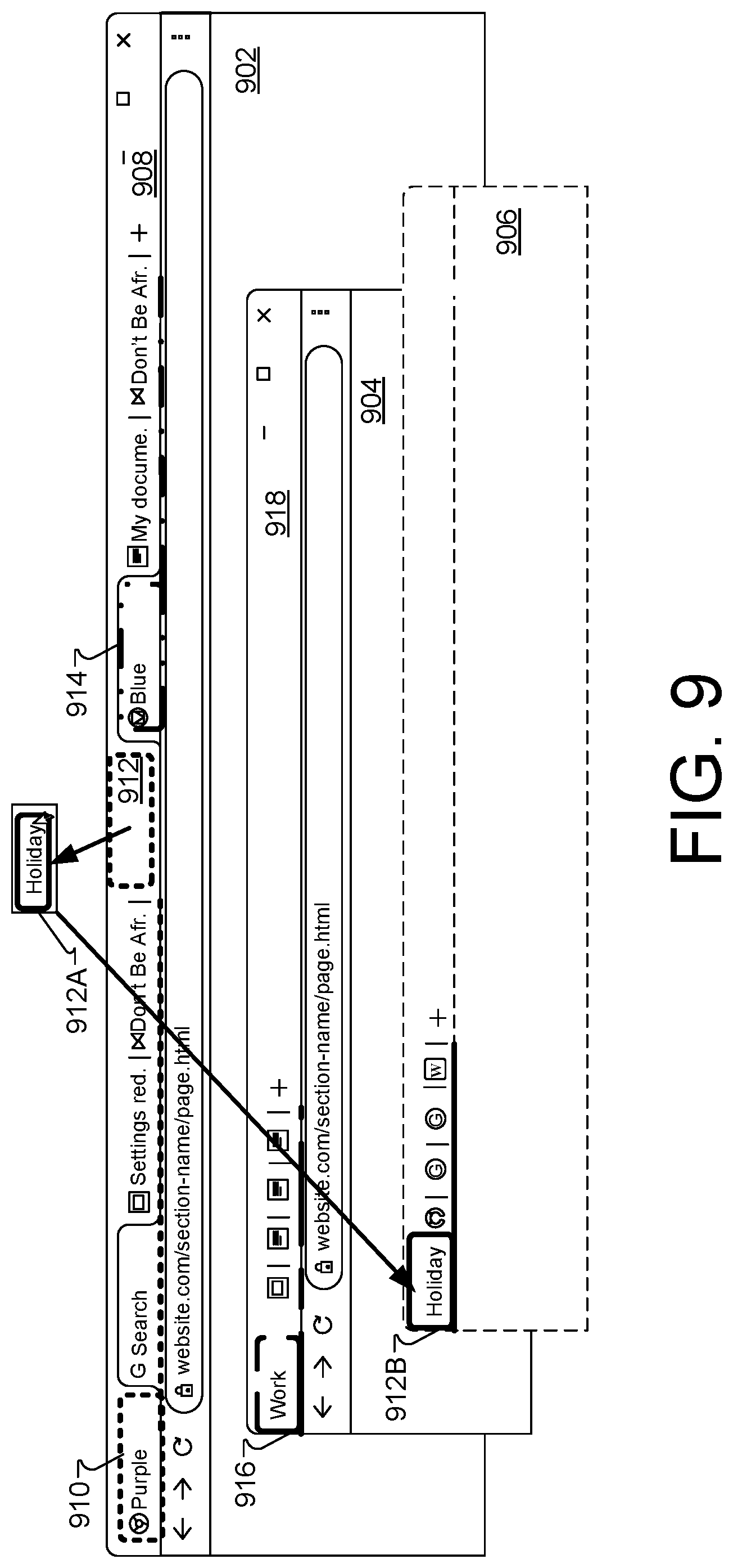 Patent US12504862 Figure 14 – Browser tab management