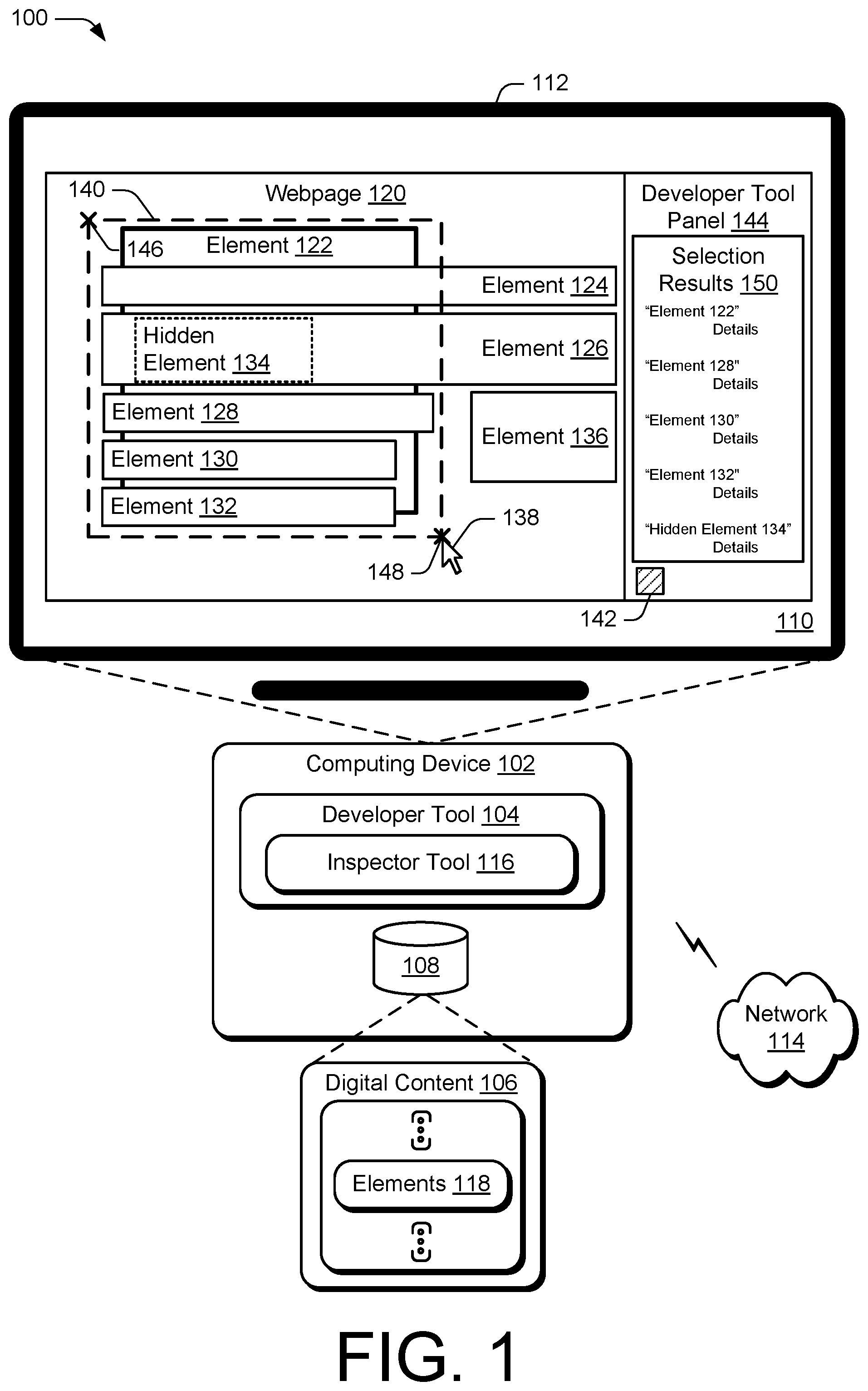 Patent US12504867 Figure 1 – Area selection-based document object model element inspector
