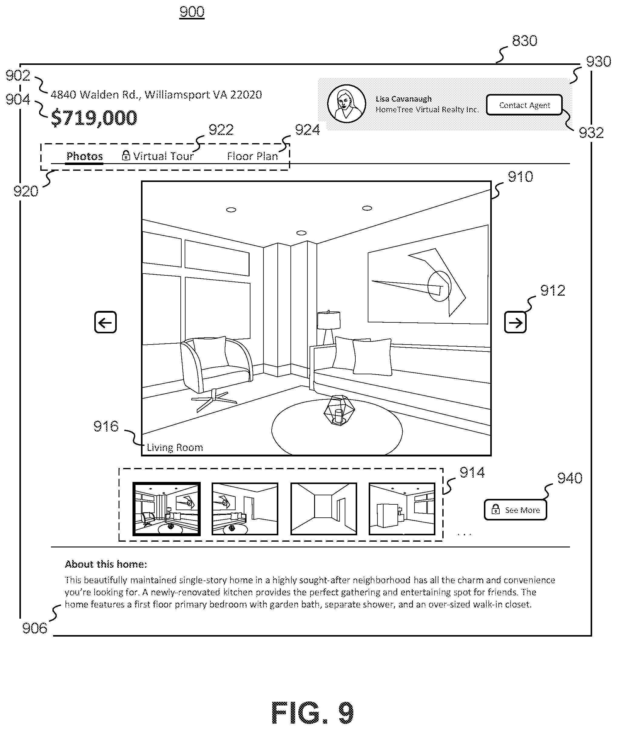Patent US12504871 Figure 9 – Systems, methods, and user interfaces for generating customized property landing page