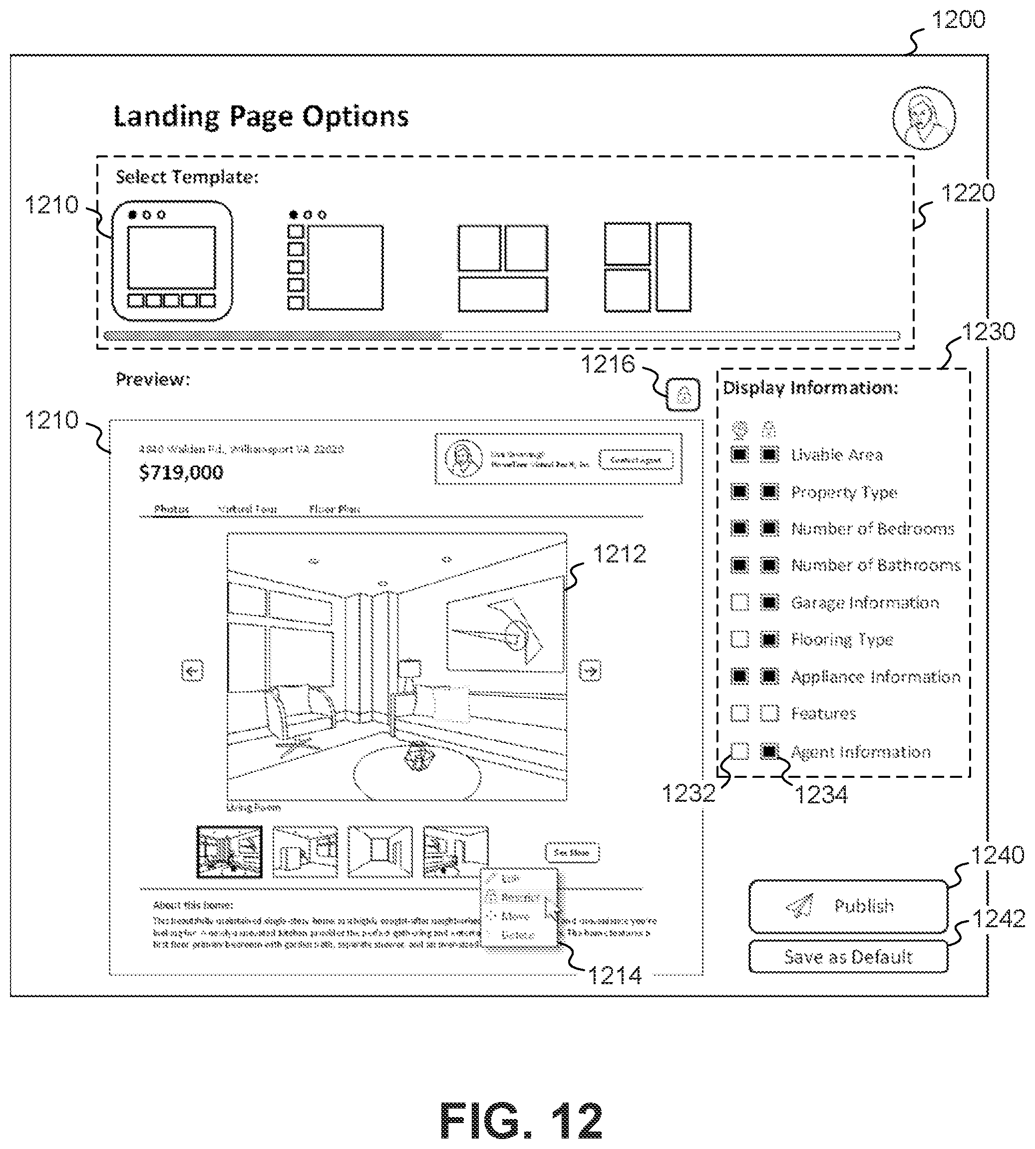 Patent US12504871 Figure 12 – Systems, methods, and user interfaces for generating customized property landing page