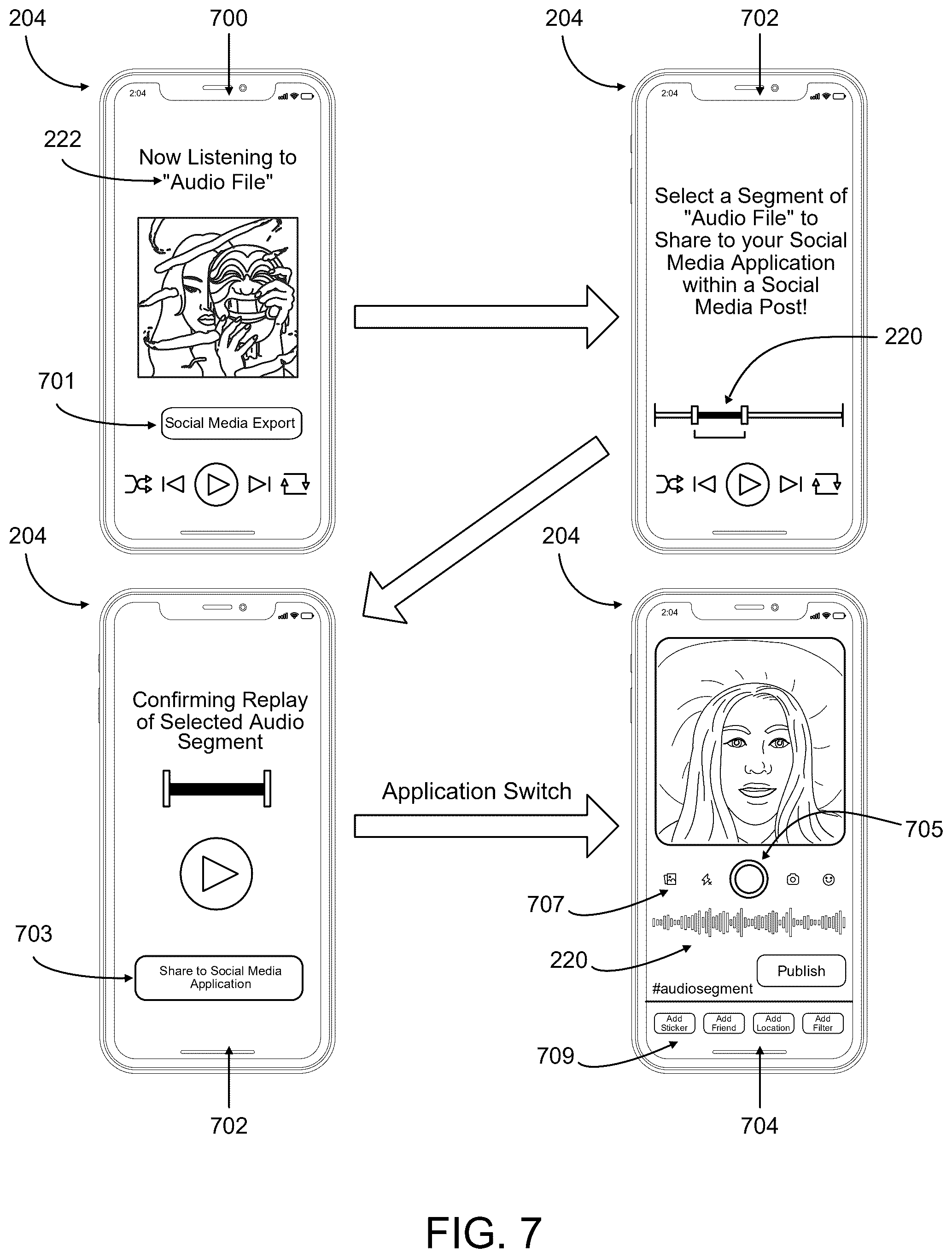 Patent US12504943 Figure 7 – Multi-application audio splicing