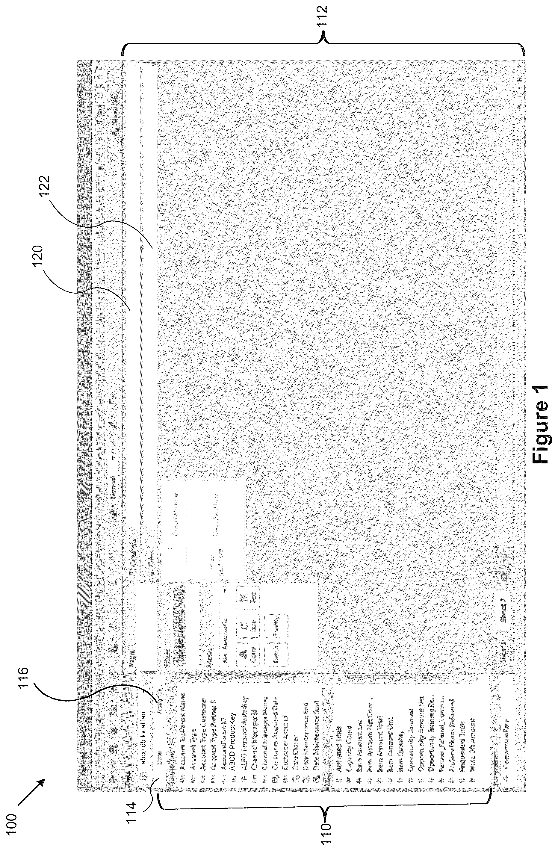 Patent US12504982 Figure 1 – Data visualization user interface with summary popup that includes interactive objects