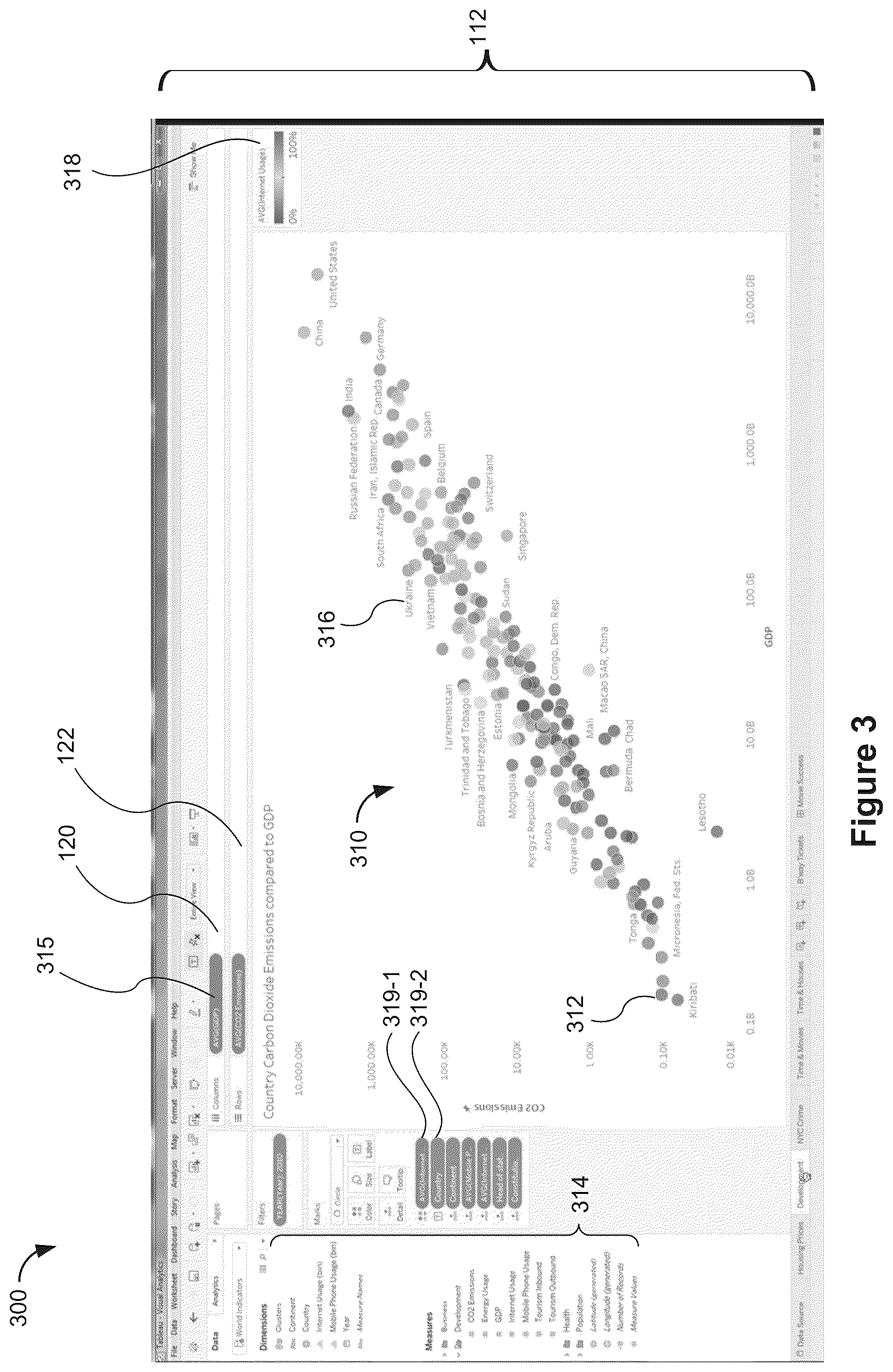 Patent US12504982 Figure 3 – Data visualization user interface with summary popup that includes interactive objects