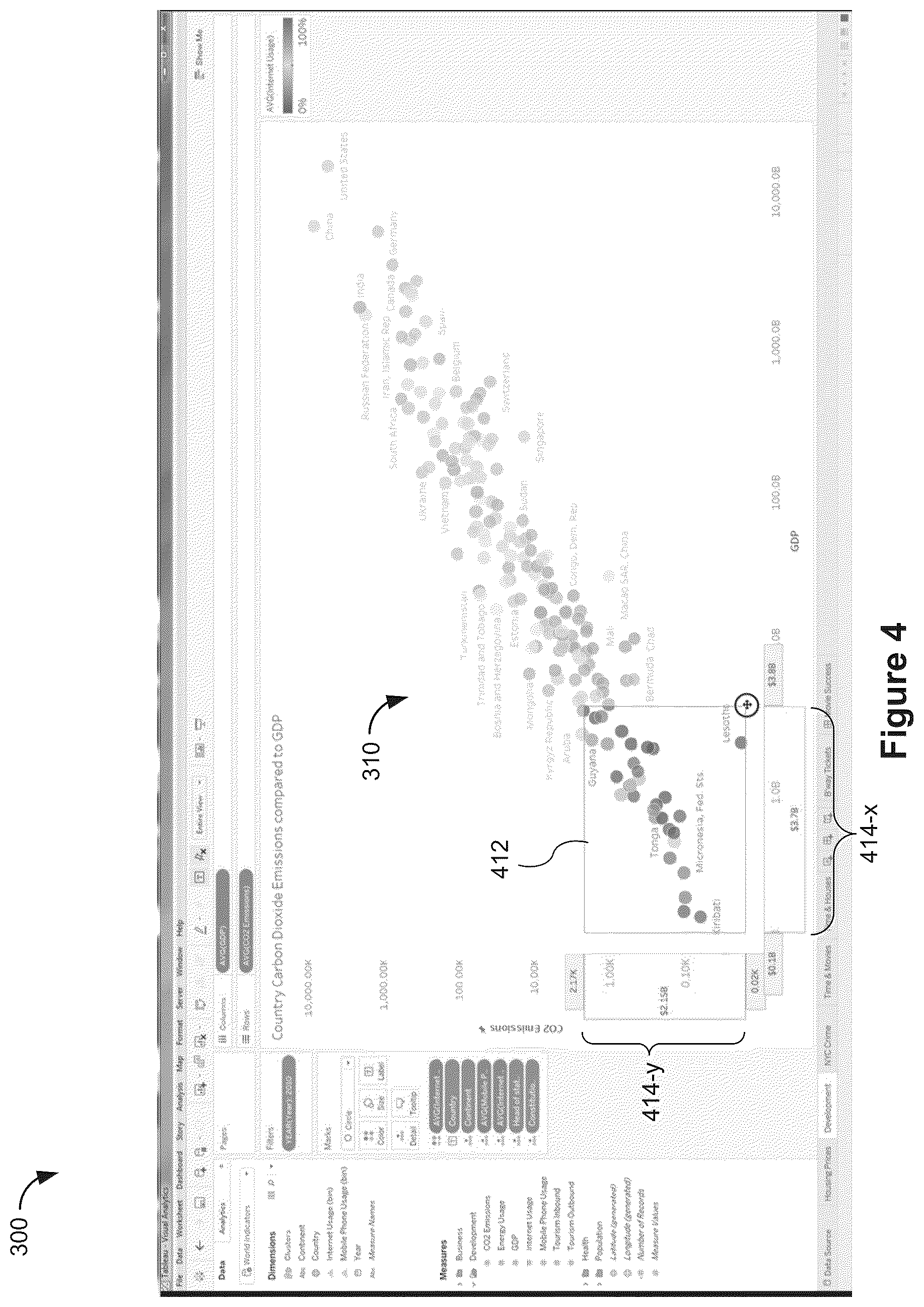 Patent US12504982 Figure 4 – Data visualization user interface with summary popup that includes interactive objects