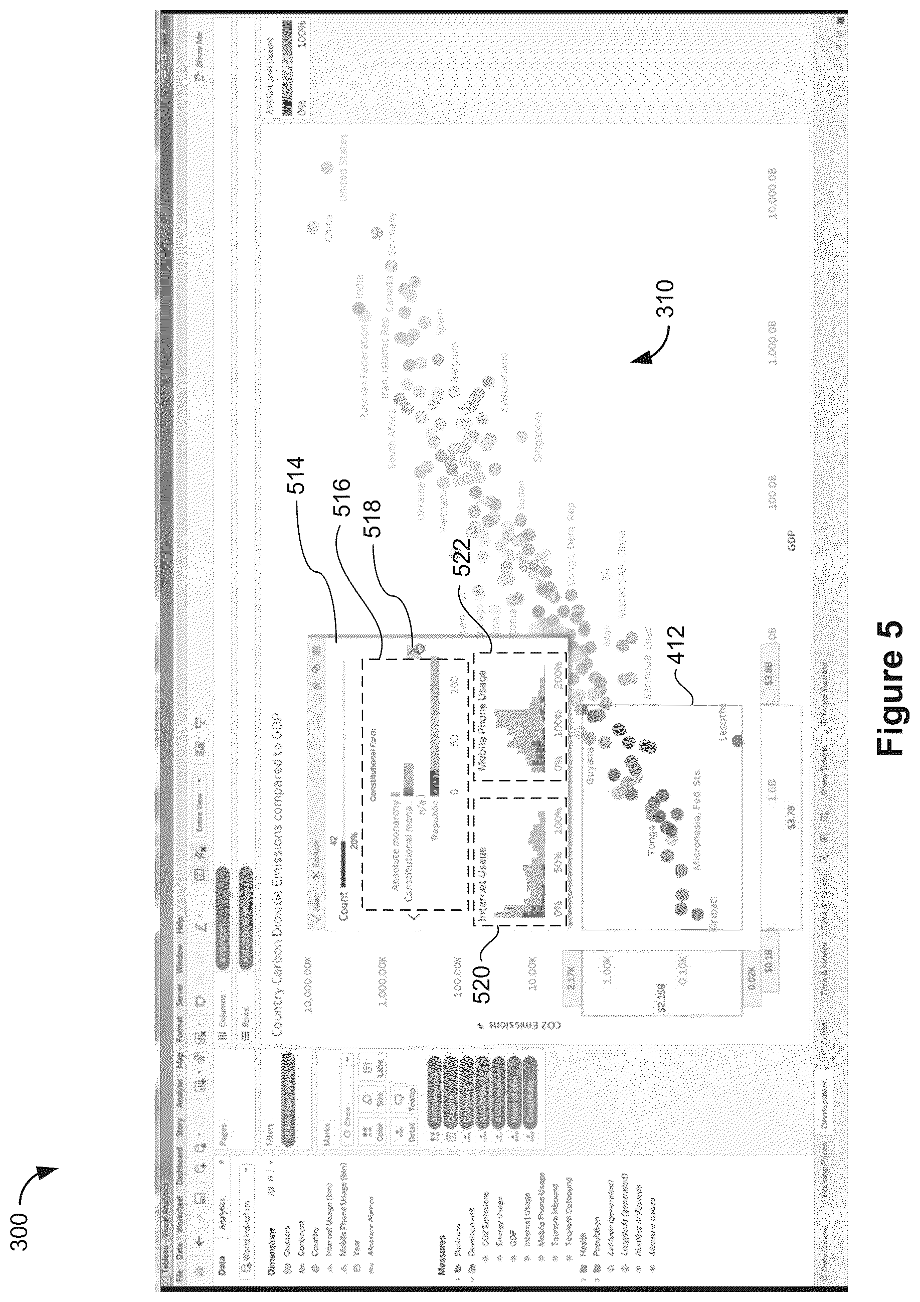 Patent US12504982 Figure 5 – Data visualization user interface with summary popup that includes interactive objects