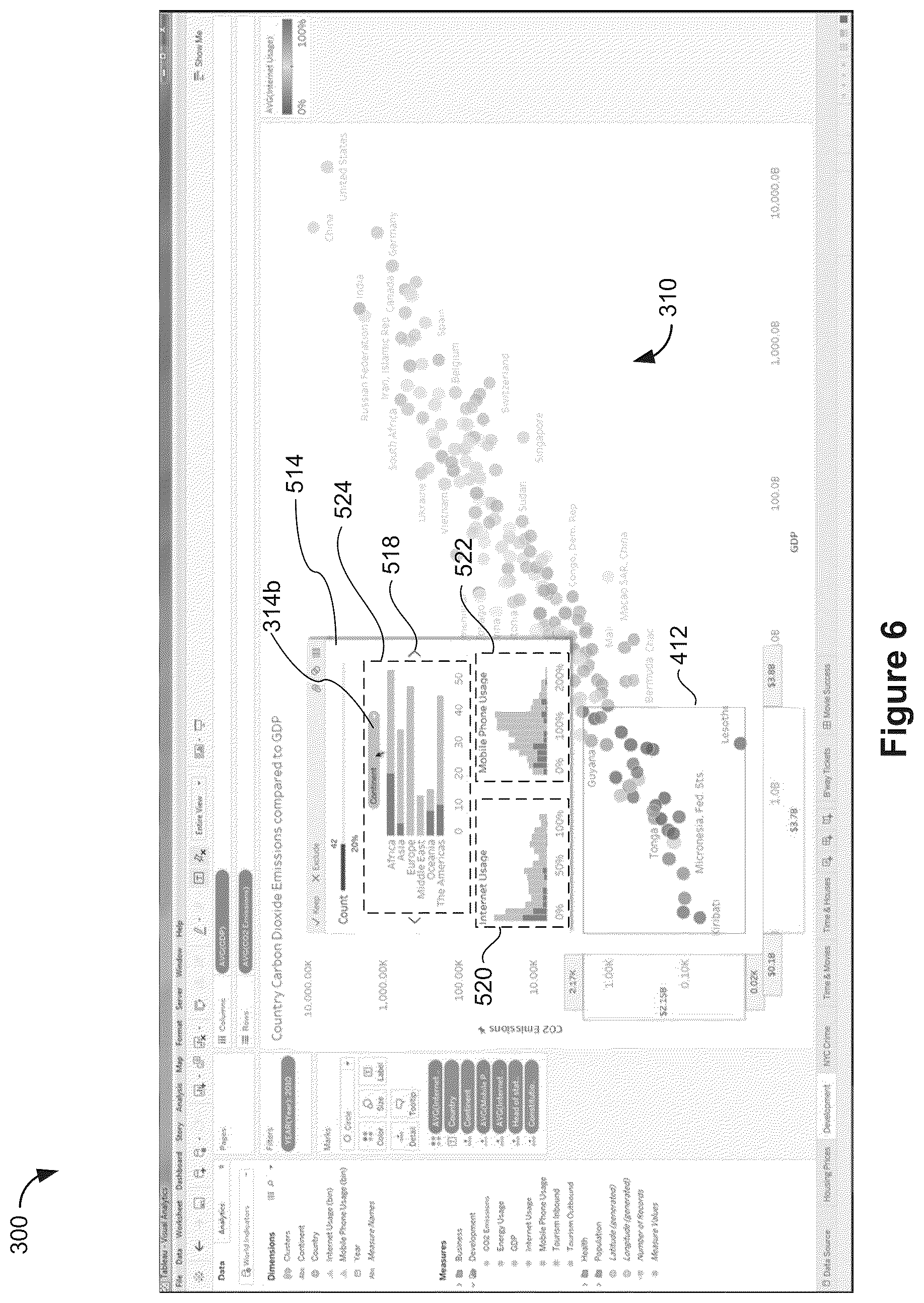 Patent US12504982 Figure 6 – Data visualization user interface with summary popup that includes interactive objects