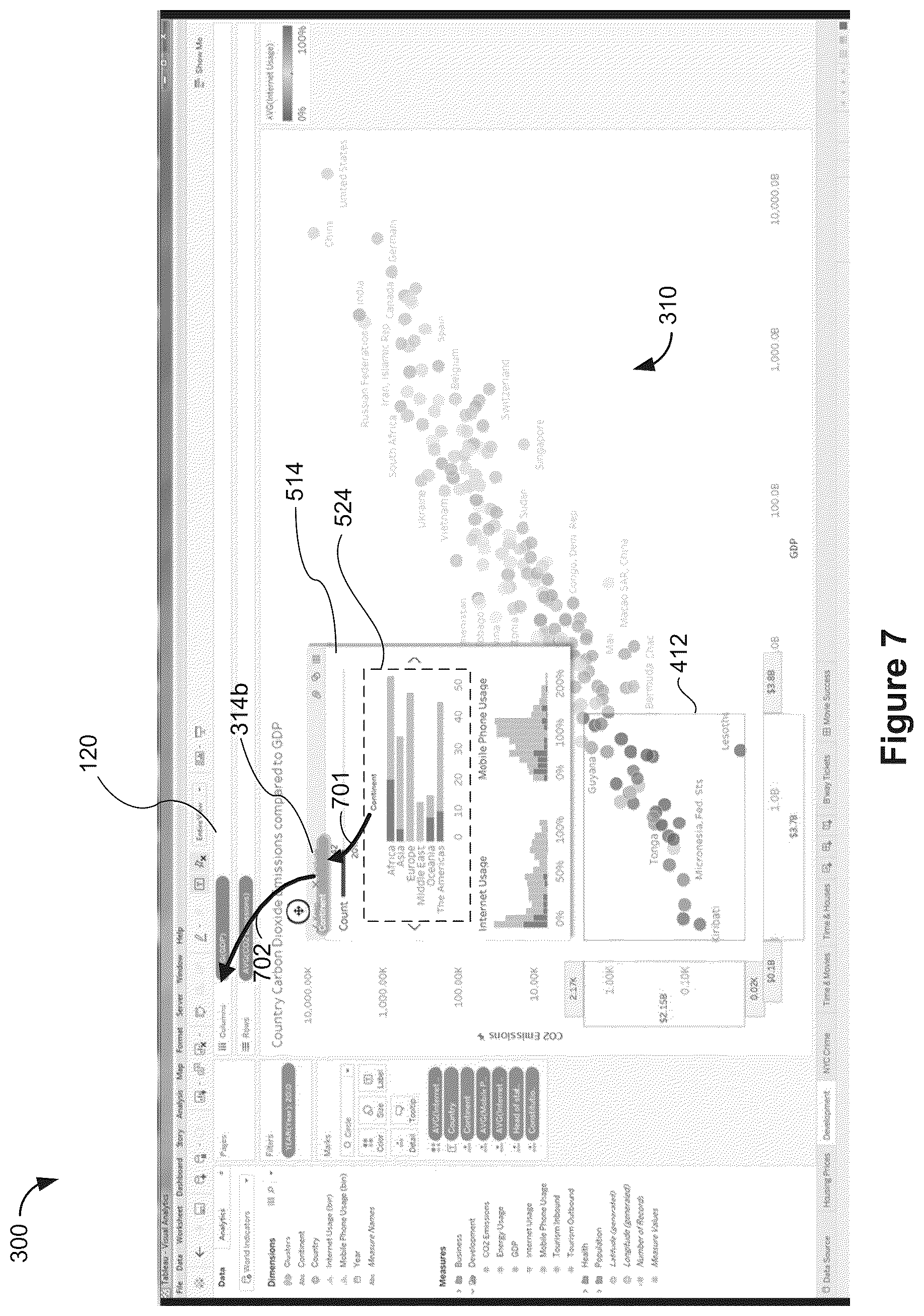 Patent US12504982 Figure 7 – Data visualization user interface with summary popup that includes interactive objects