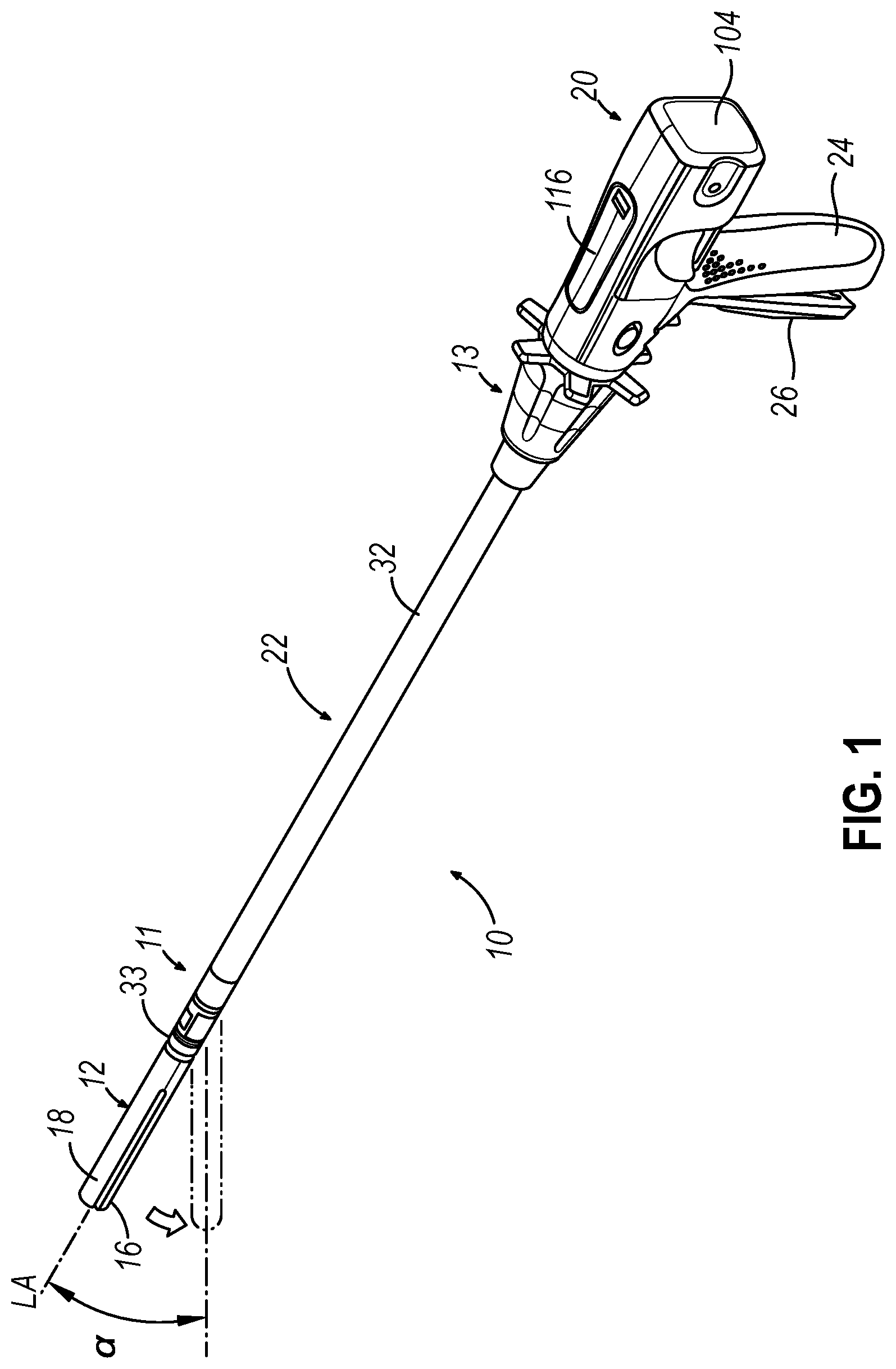 Patent US12508022 Figure 1 – Surgical stapler with toggling distal tip