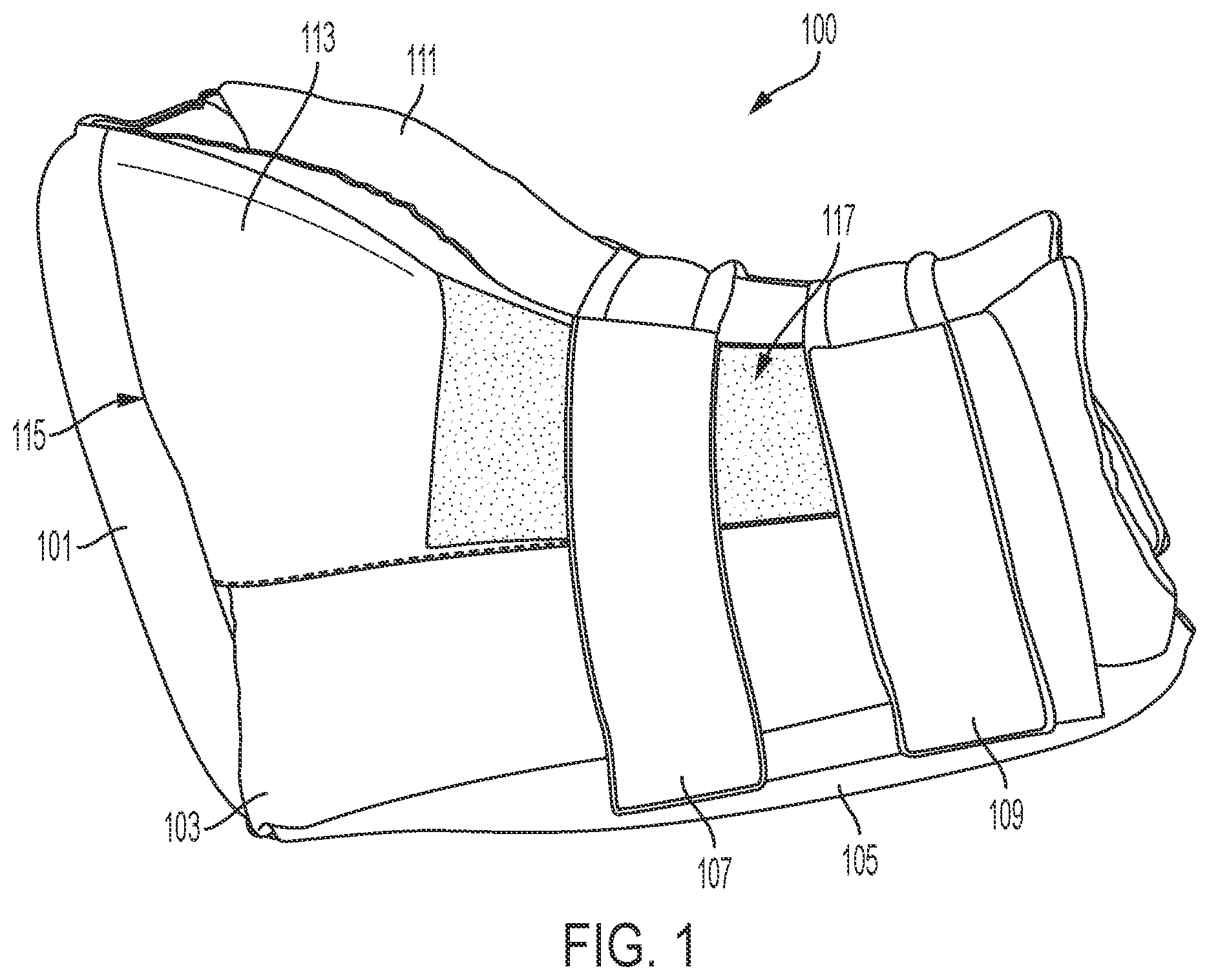 Patent US12508144 — Sides-down, open door pressure relief boot — Figure 1