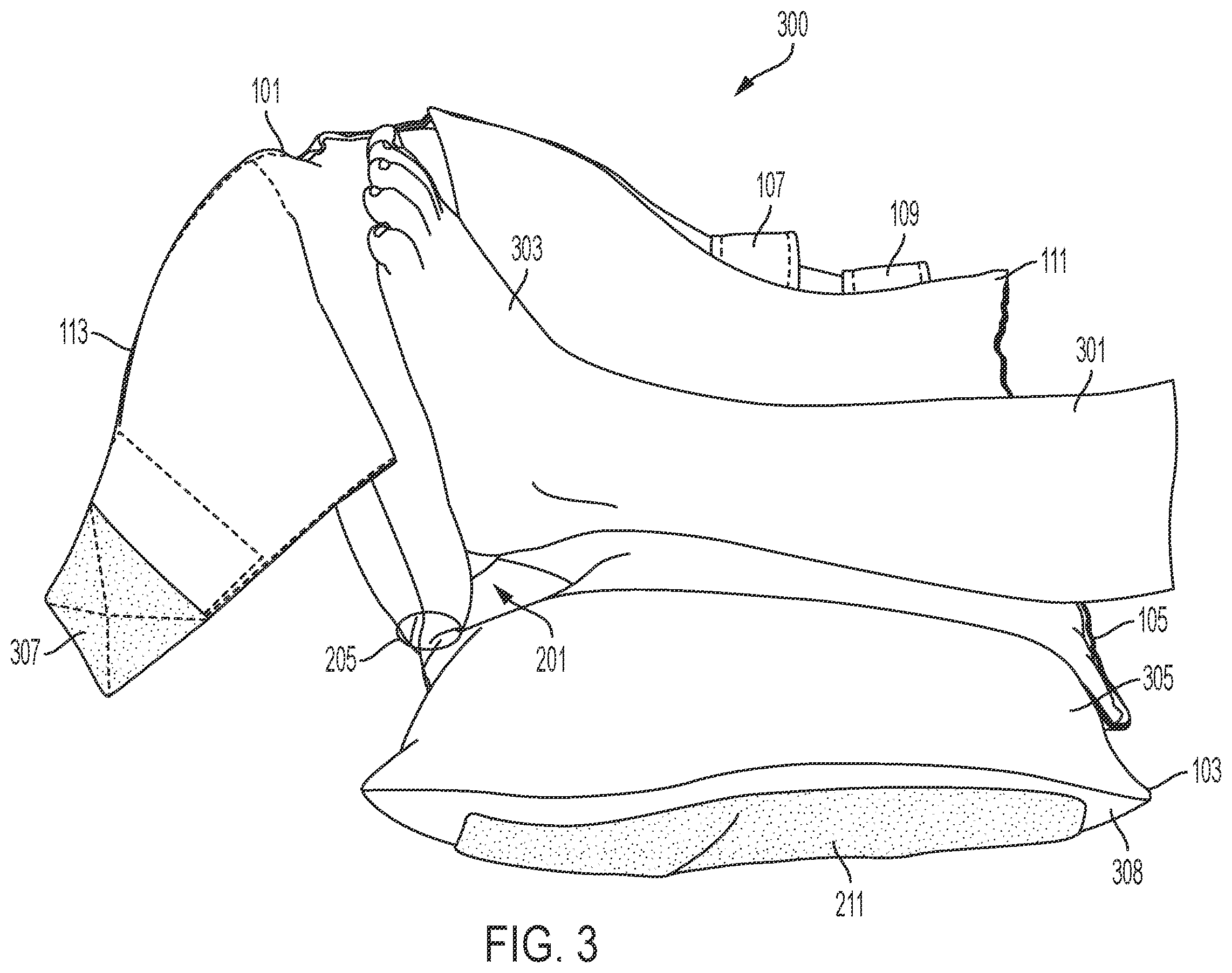 Patent US12508144 Figure 3 – Sides-down, open door pressure relief boot