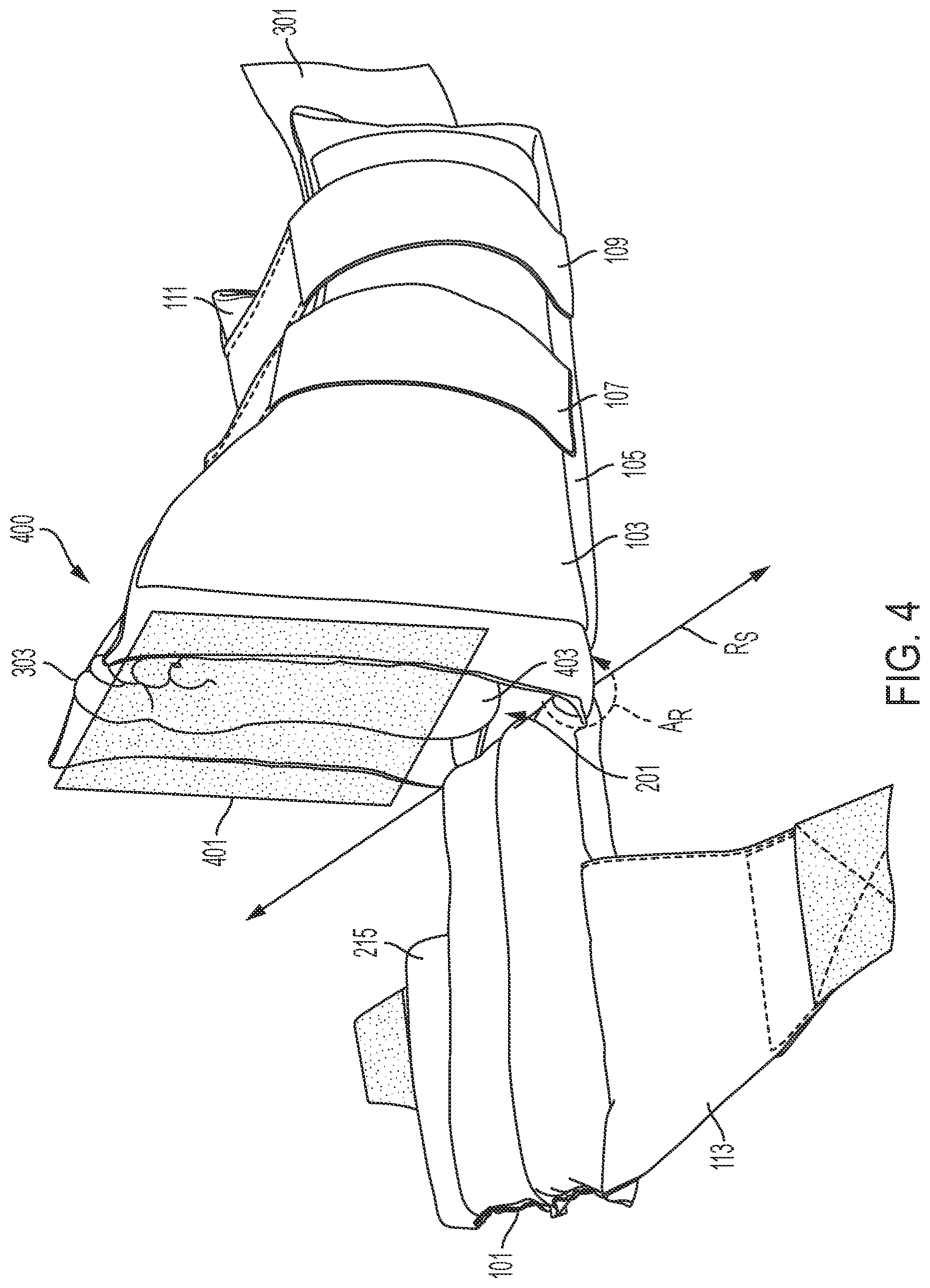 Patent US12508144 Figure 4 – Sides-down, open door pressure relief boot