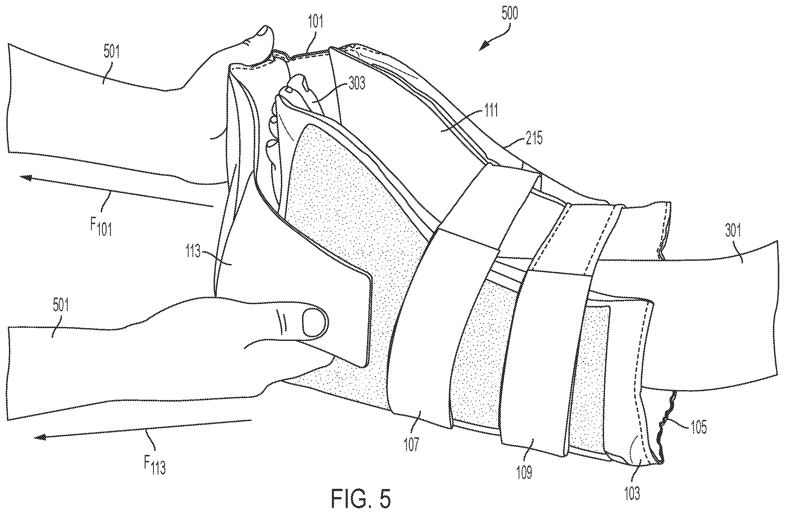 Patent US12508144 Figure 5 – Sides-down, open door pressure relief boot