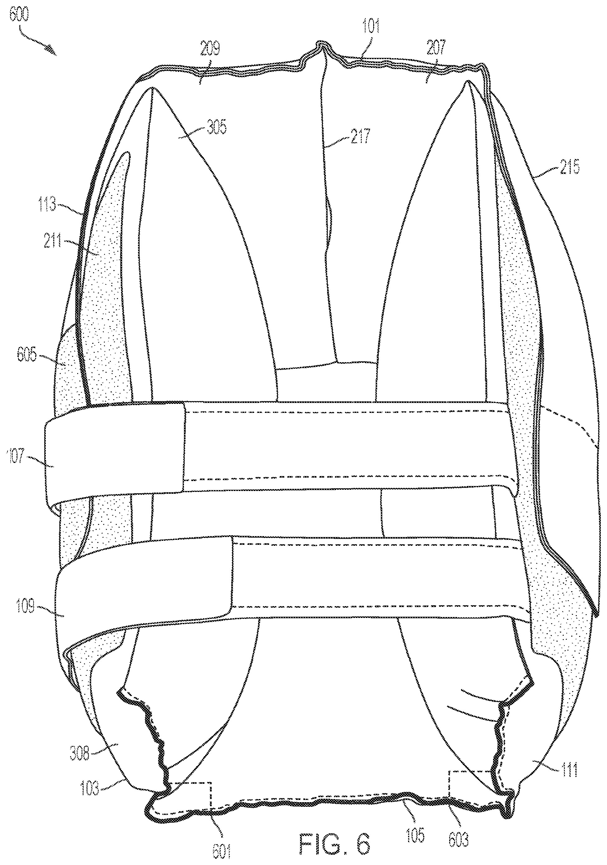 Patent US12508144 Figure 6 – Sides-down, open door pressure relief boot