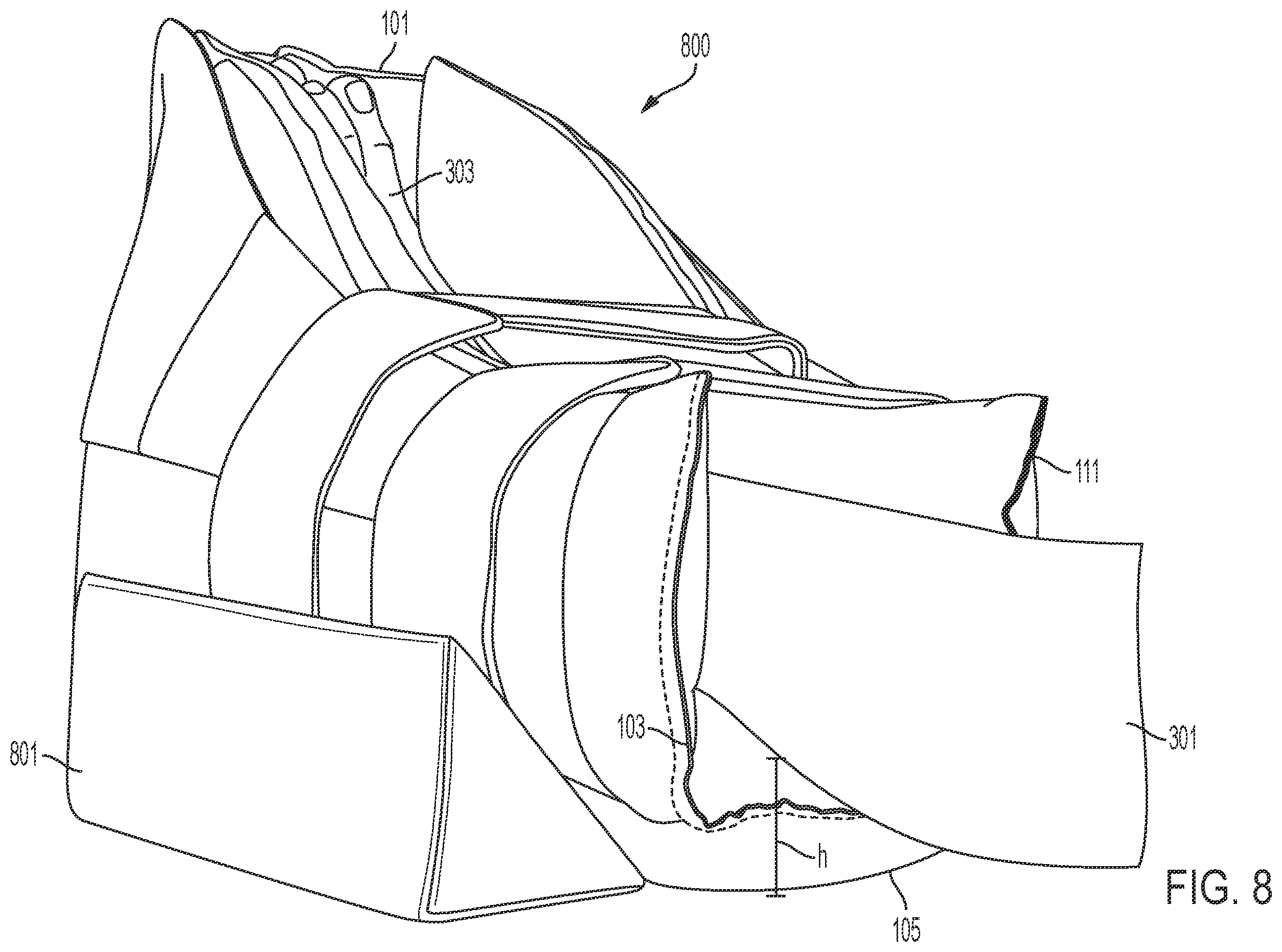 Patent US12508144 Figure 8 – Sides-down, open door pressure relief boot