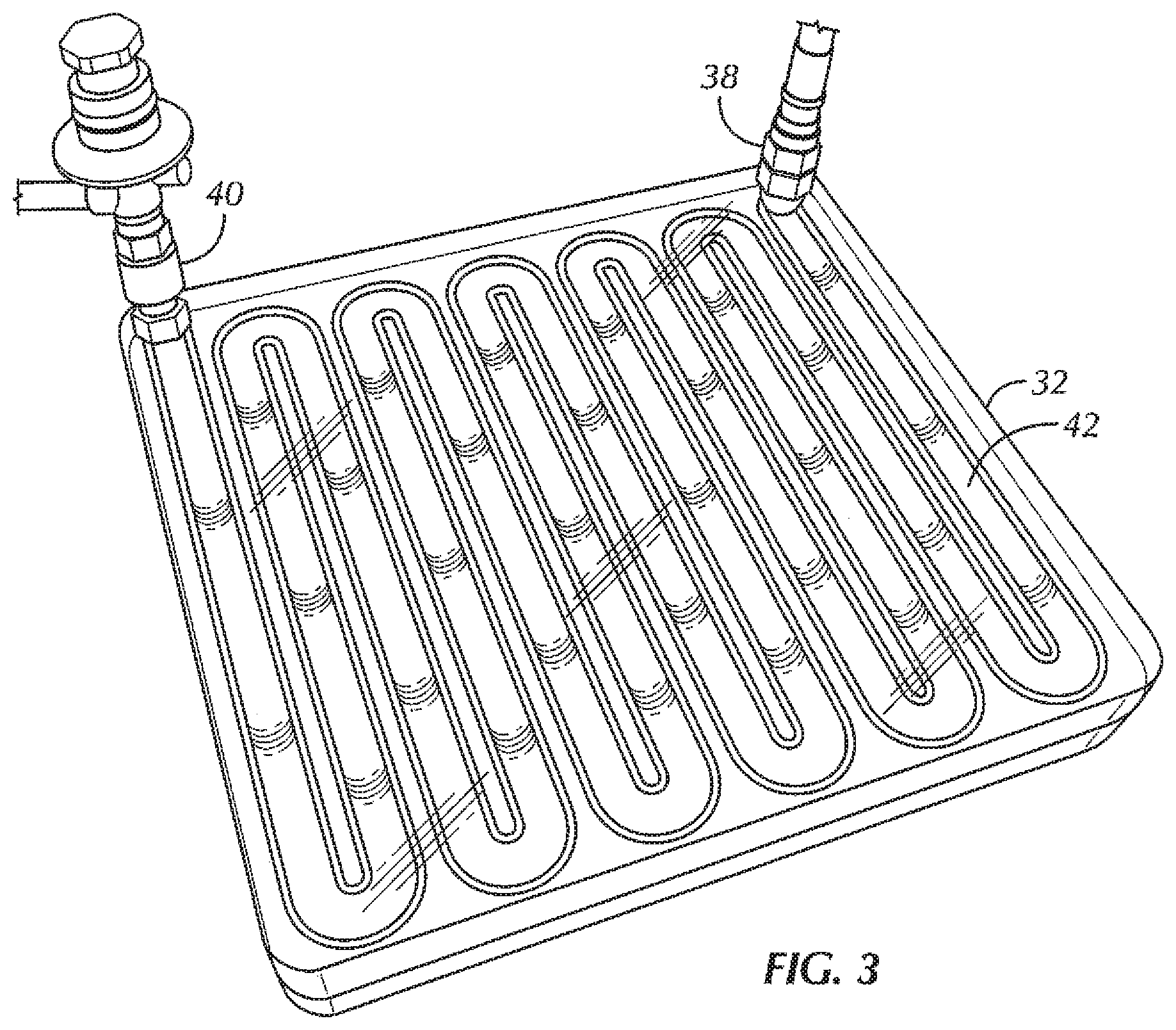 Patent US12508155 Figure 3 – Fluid cassette with polymeric membranes and integral inlet and outlet tubes for patient heat exchange system