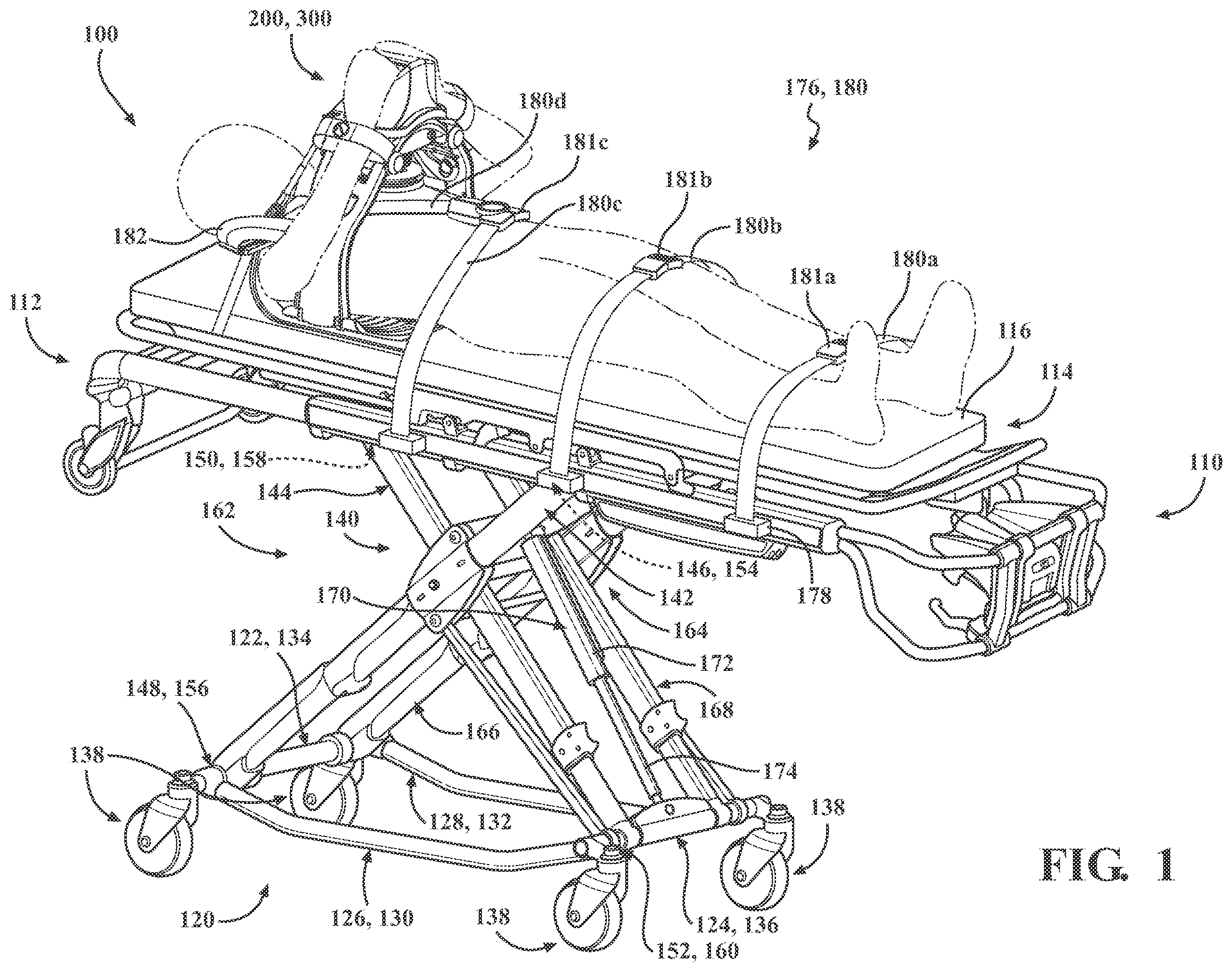 Patent US12508204 Figure 1 – Chest compression system retainer with shoulder brace for use with a patient transport apparatus