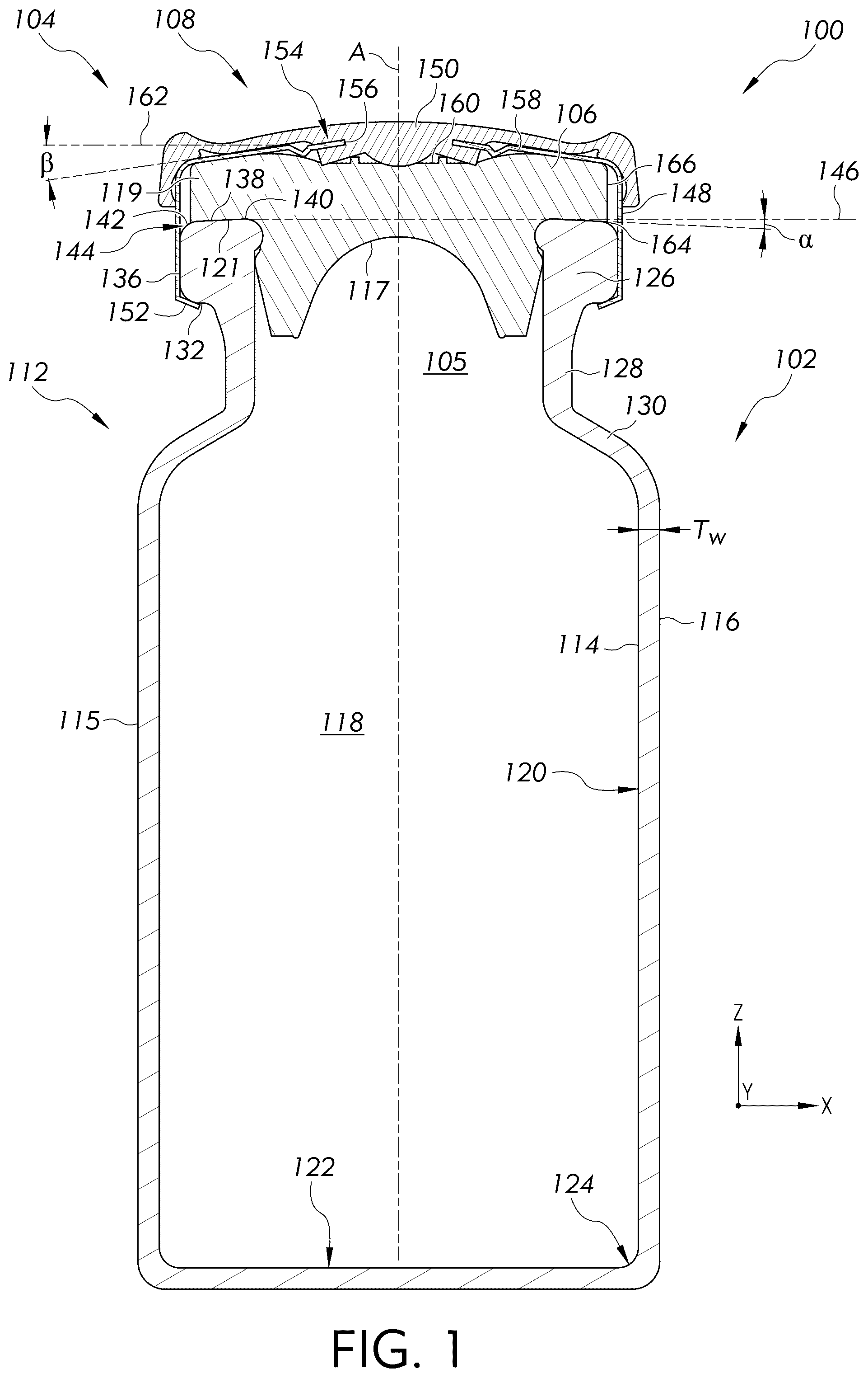 Patent US12508207 Figure 1 – Container closure system and sealing assemblies for maintaining seal integrity at low storage temperatures