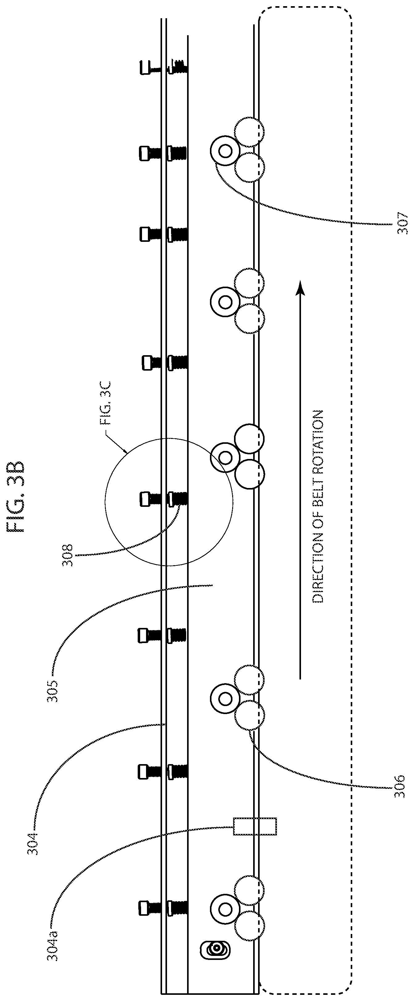 Patent US12508332 Figure 8 – Sanitizing light assembly and conveyor system